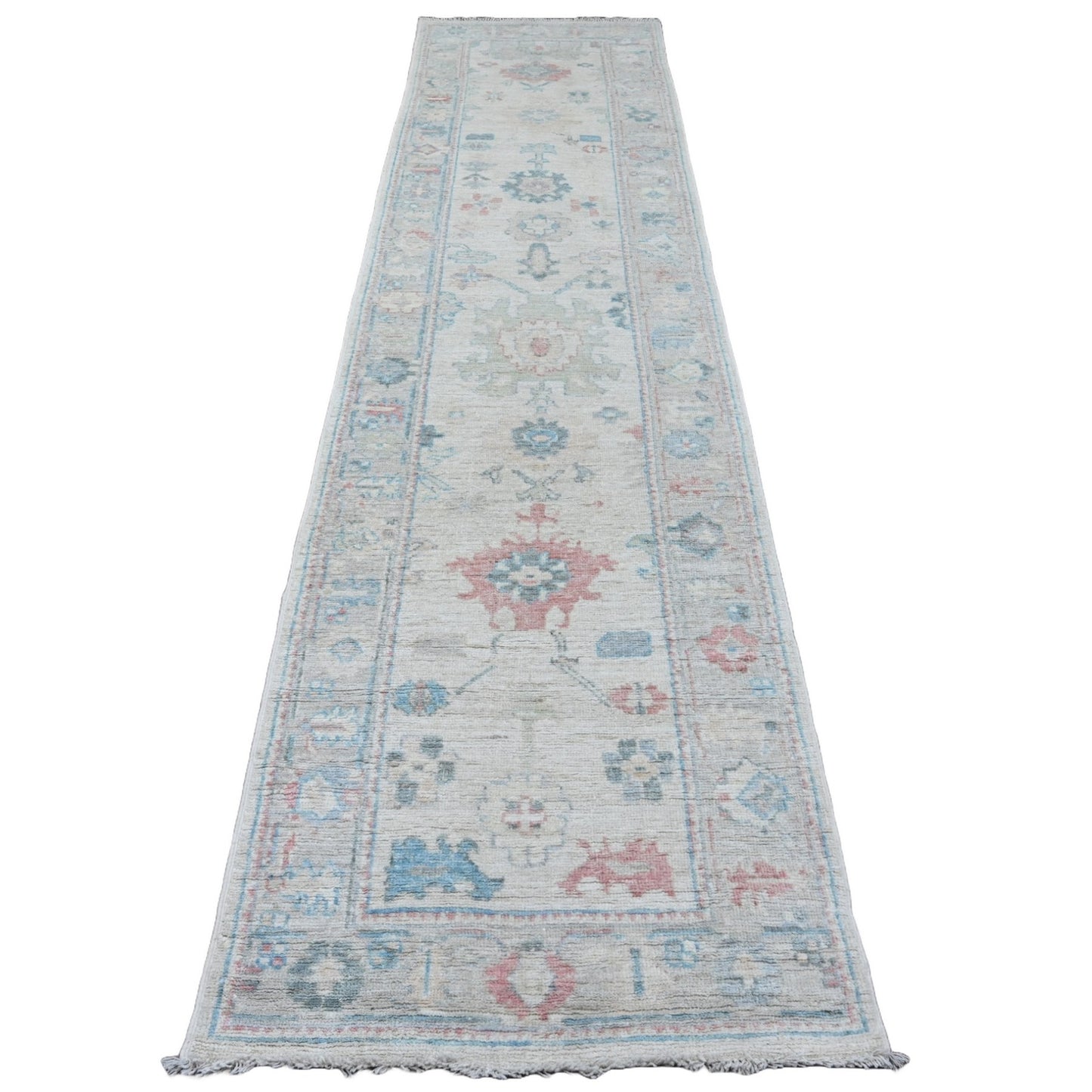 3'X11'8" White Afghan Angora Oushak Hand Knotted Pure Wool Runner Rug