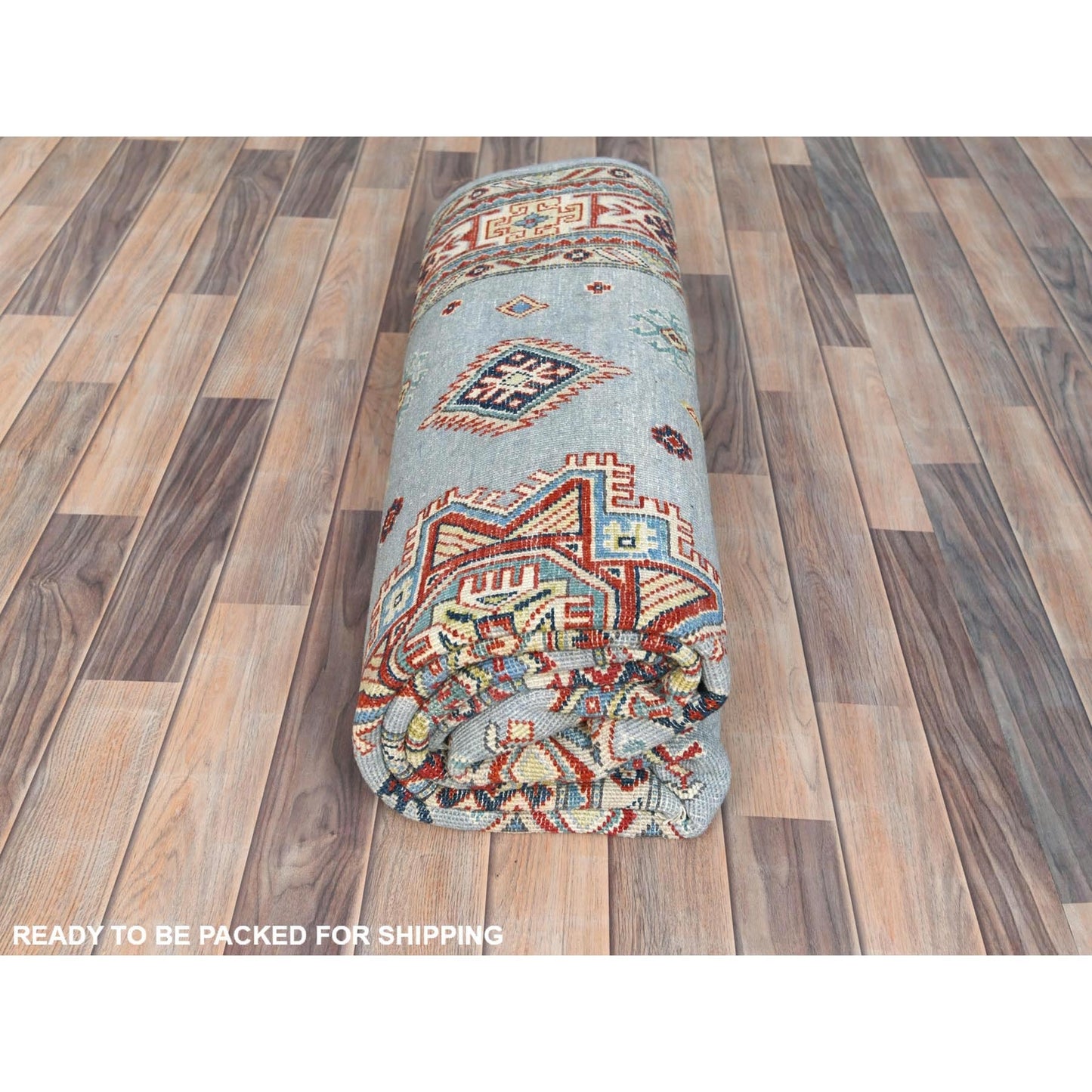 6'1"X8'9" Blue Special Kazak With Geometric Design Wool Hand Knotted Rug