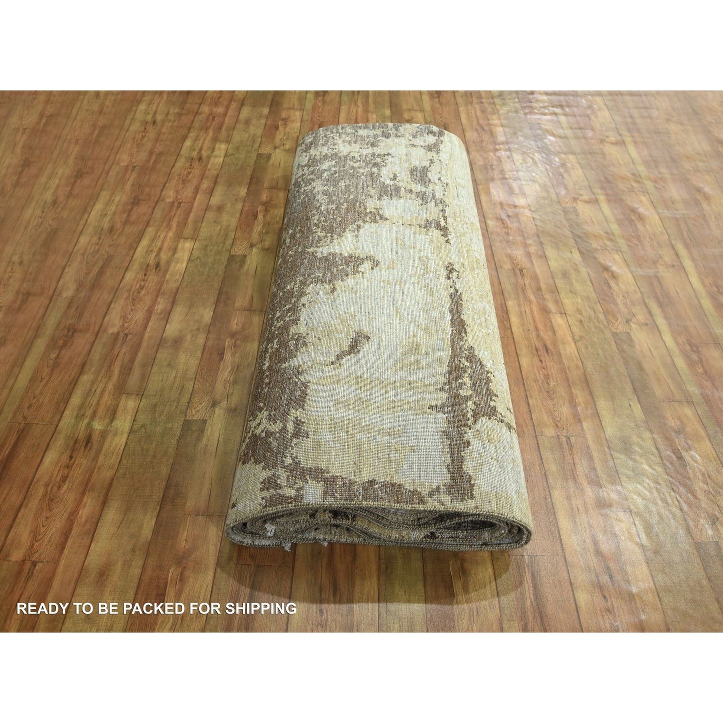 9'X12' Ivory & Brown Modern Abstract Design Hand Knotted Wool & Silk Rug