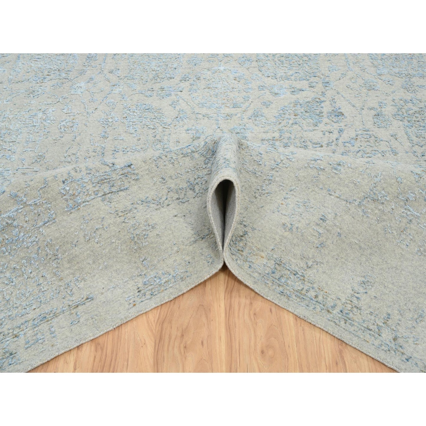 10'X13'10" Gray Wool And Silk Jacquard Hand Loomed Tebraz Design Rug