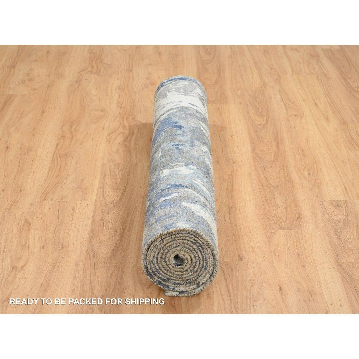 4'2"X11'9" Blue Modern Design Wool And Silk Hand Knotted Wide Runner Rug