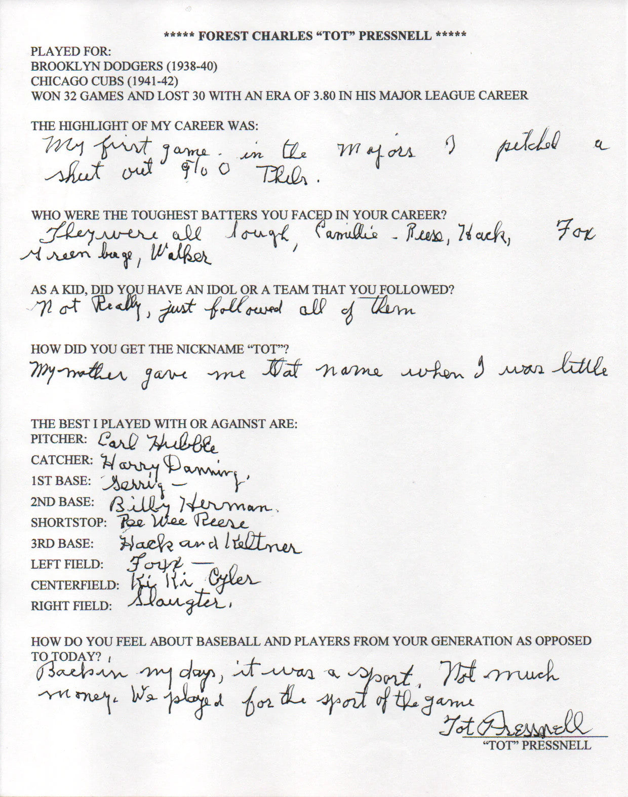 Tot Pressnell Autographed Hand Filled Out Survey Page (Jsa)