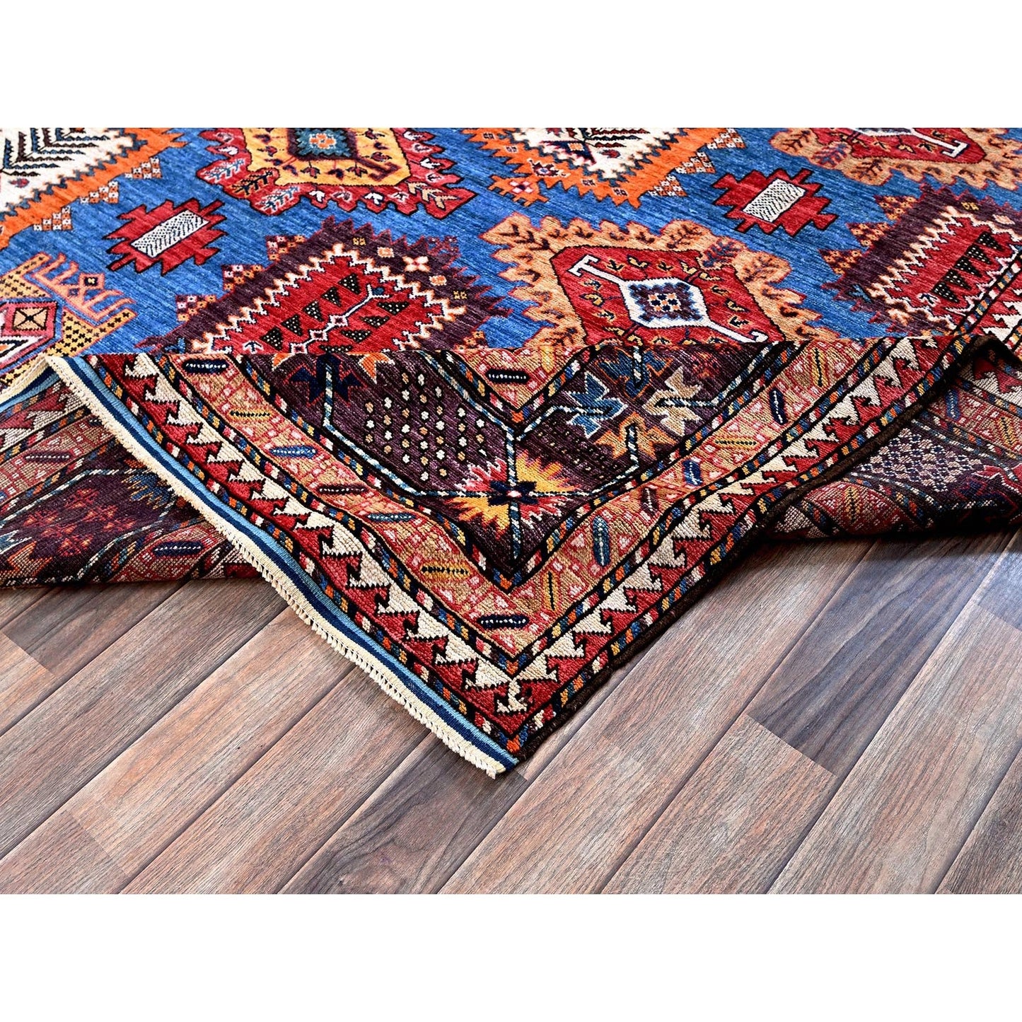 8'3"X9'6" Blue Afghan Ersari Caucasian Design Revival Hand Knotted Wool Rug