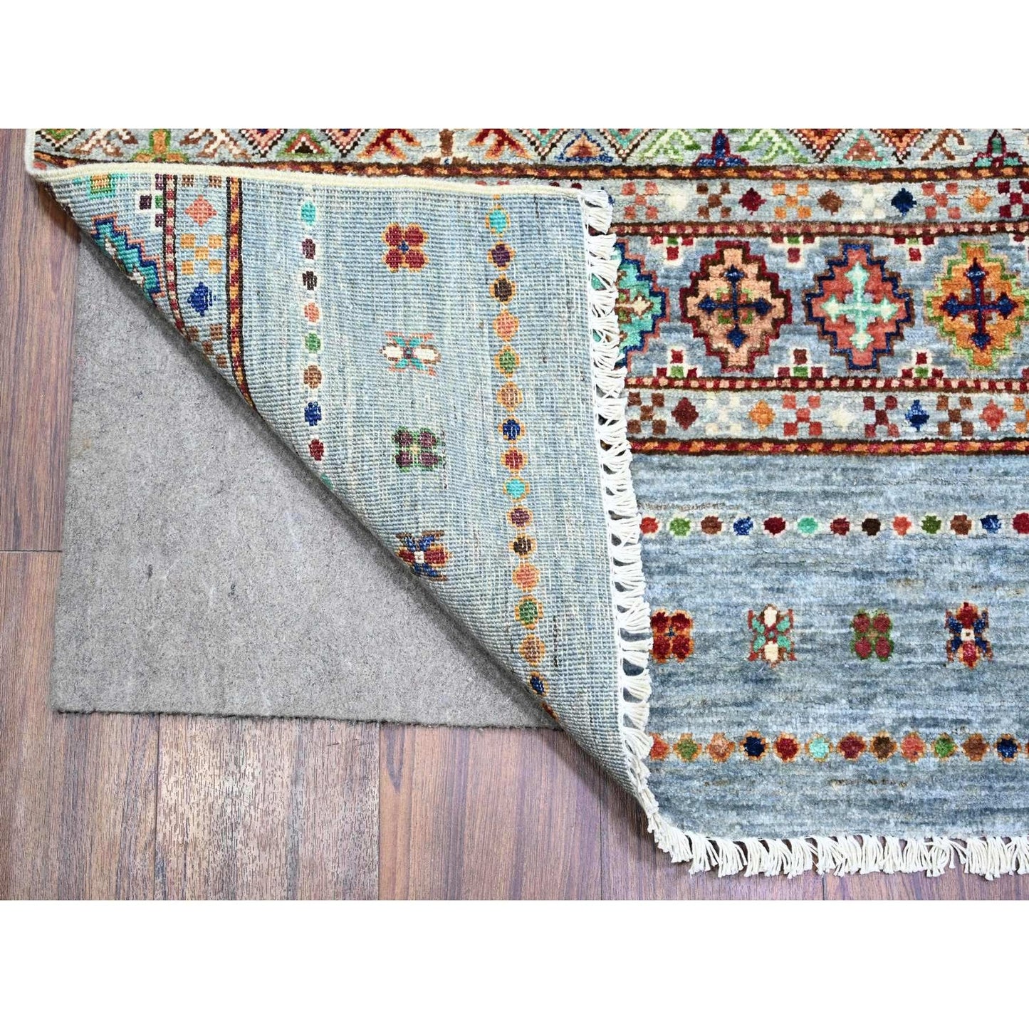 8'2"X11'10" Blue Gray Super Kazak Khorjin Design Hand Knotted Wool Rug