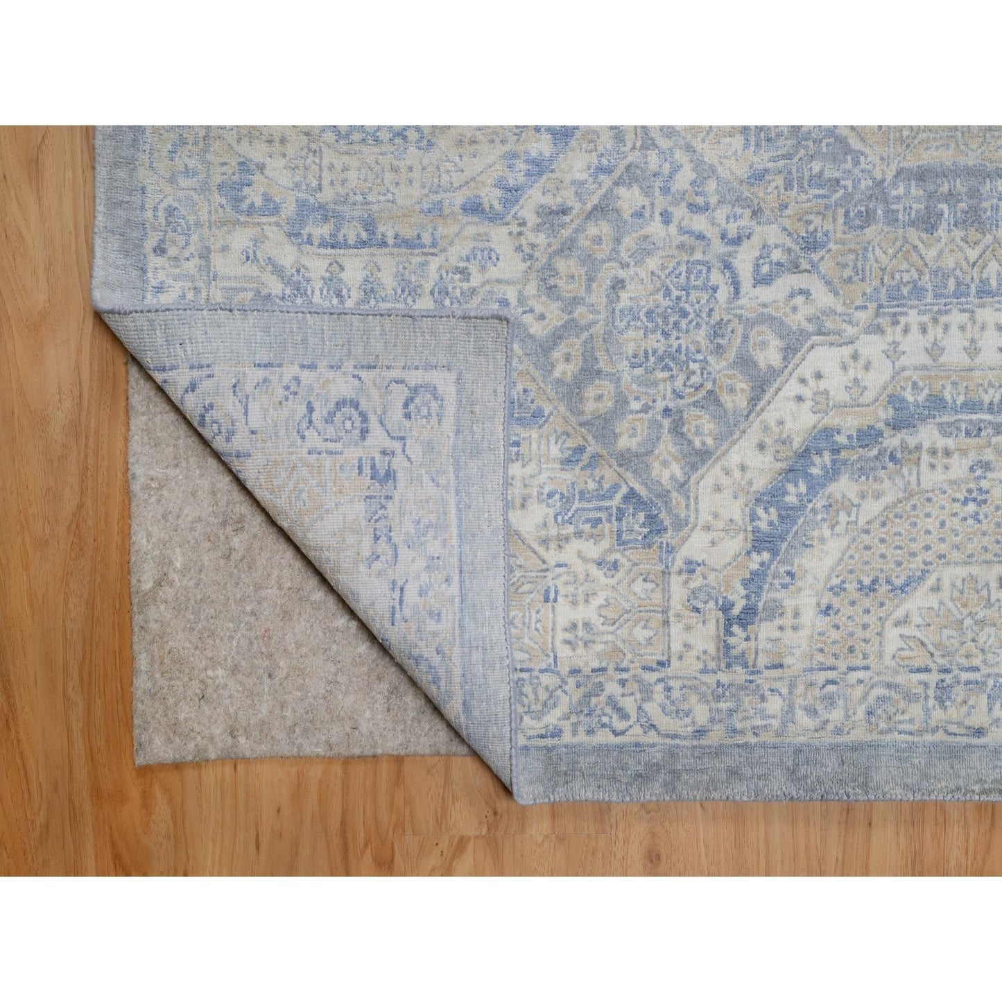 9'X11'9" Ivory-Blue Pure Natural Linen Mamluk Design Hand Knotted Rug