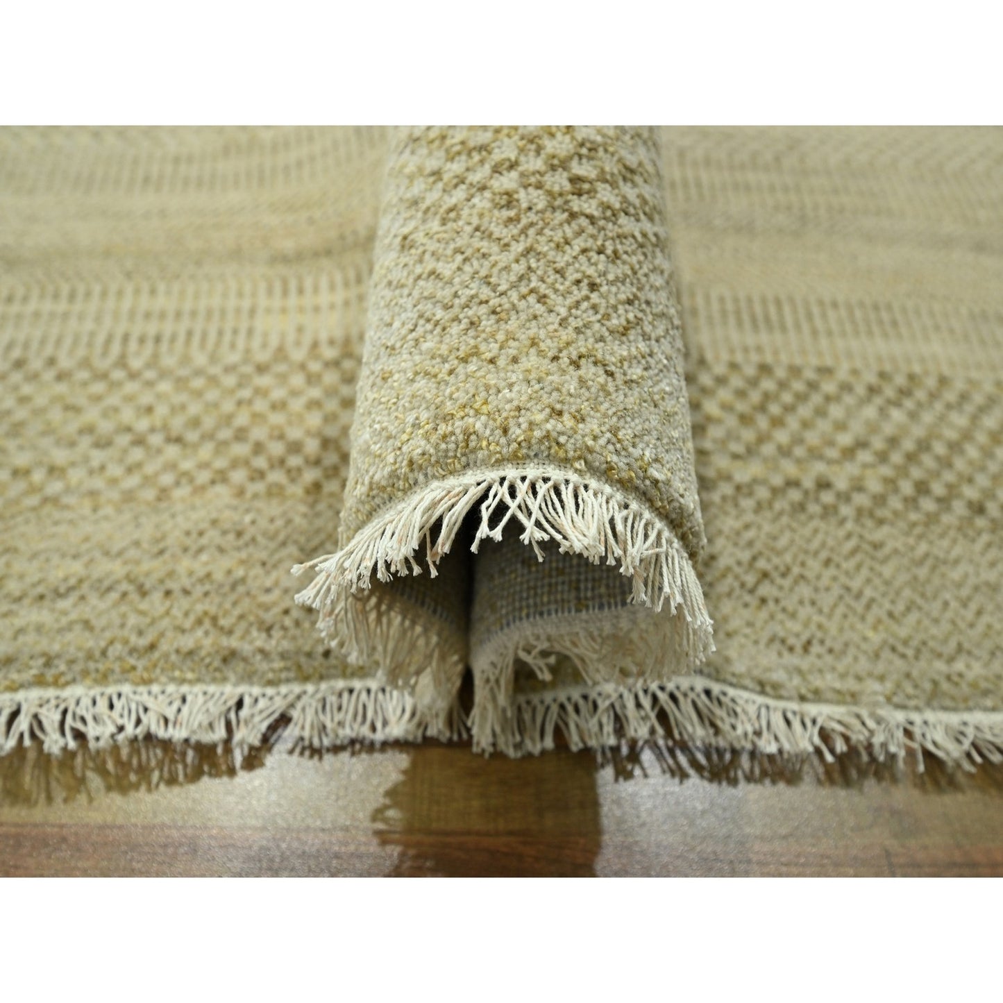 9'1"X12'3" Ecru Brown Modern Grass Design Hand Knotted Wool And Silk Rug