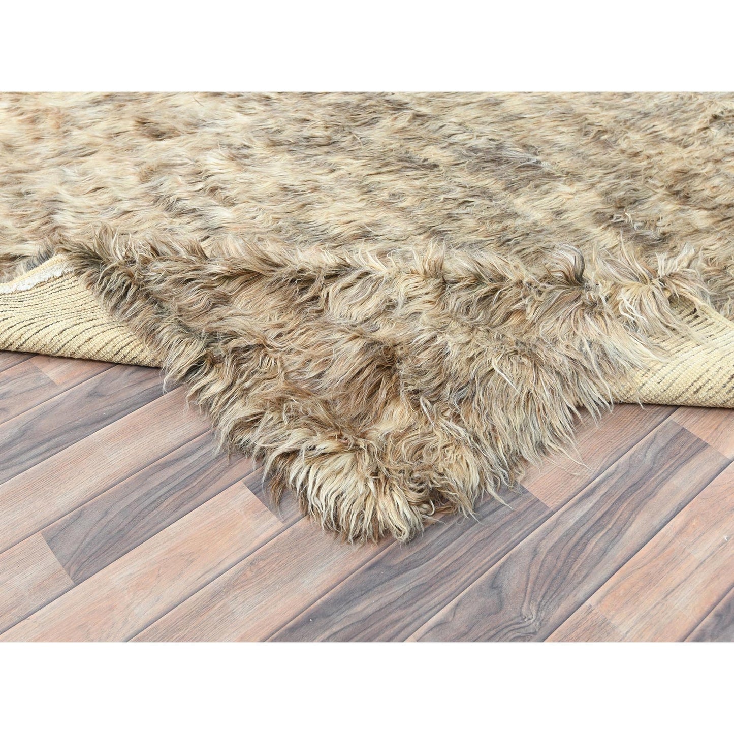 9'X9' Beige Shaggy Moroccan Undyed Natural Wool Hand Knotted Square Rug