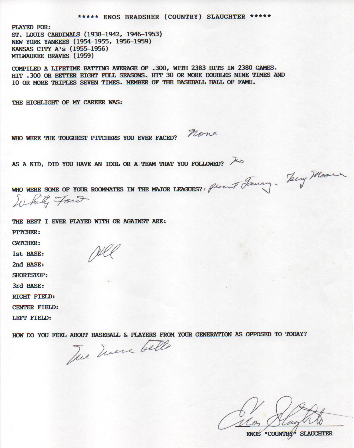 Enos Slaughter Autographed Hand Filled Out Survey