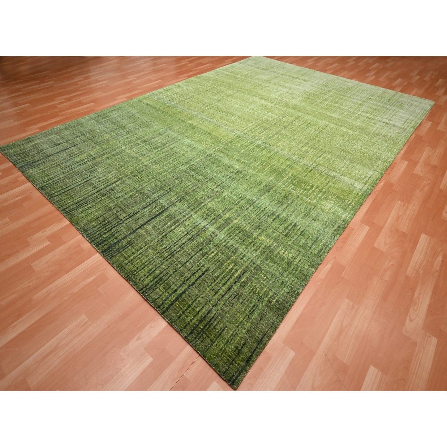9'X12'3" Moss Green, Vertical Ombre Design, Hand Knotted, Soft Wool Rug