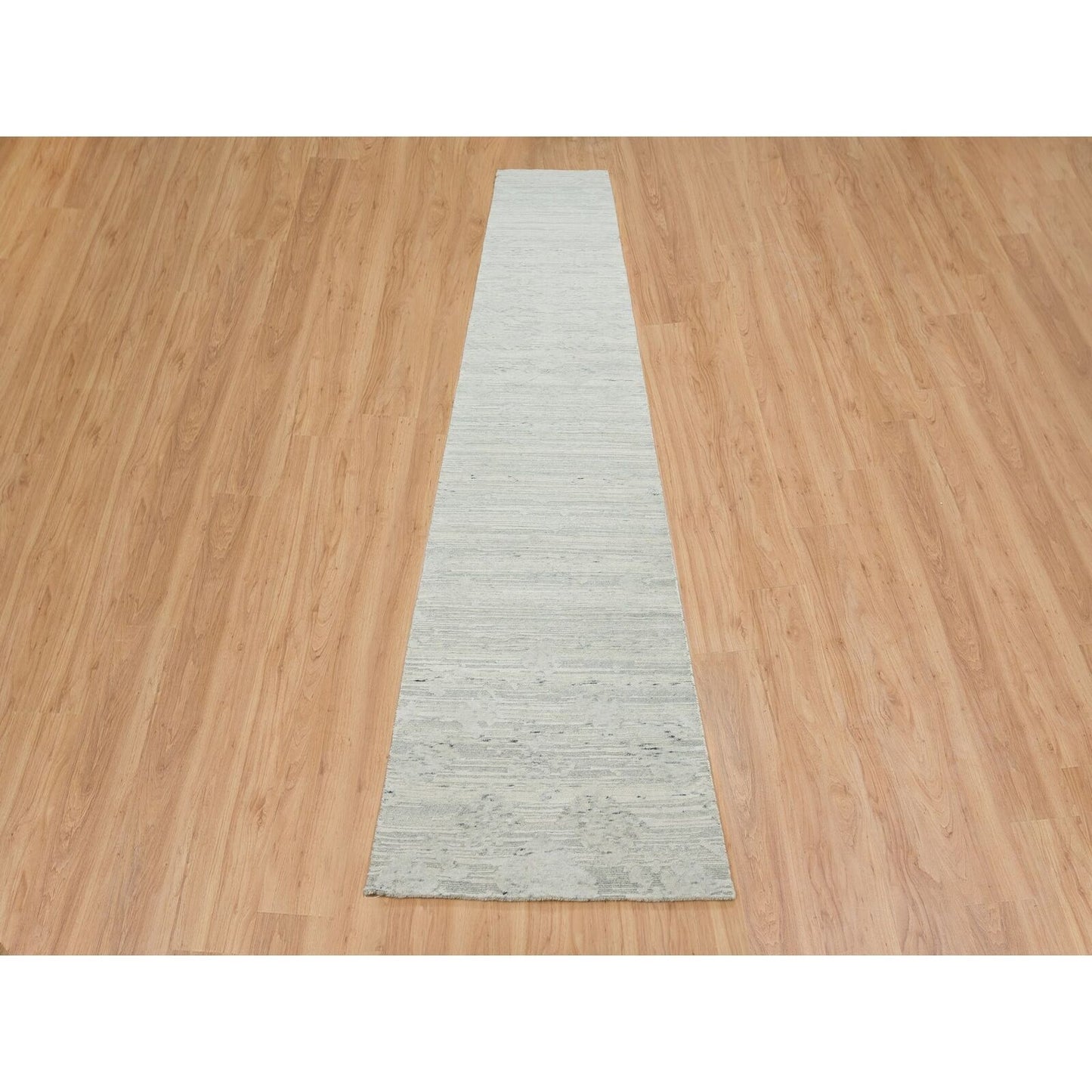 2'6"X16' Ivory And Light Grey Undyed Hand Knotted Xl Runner Oriental Rug