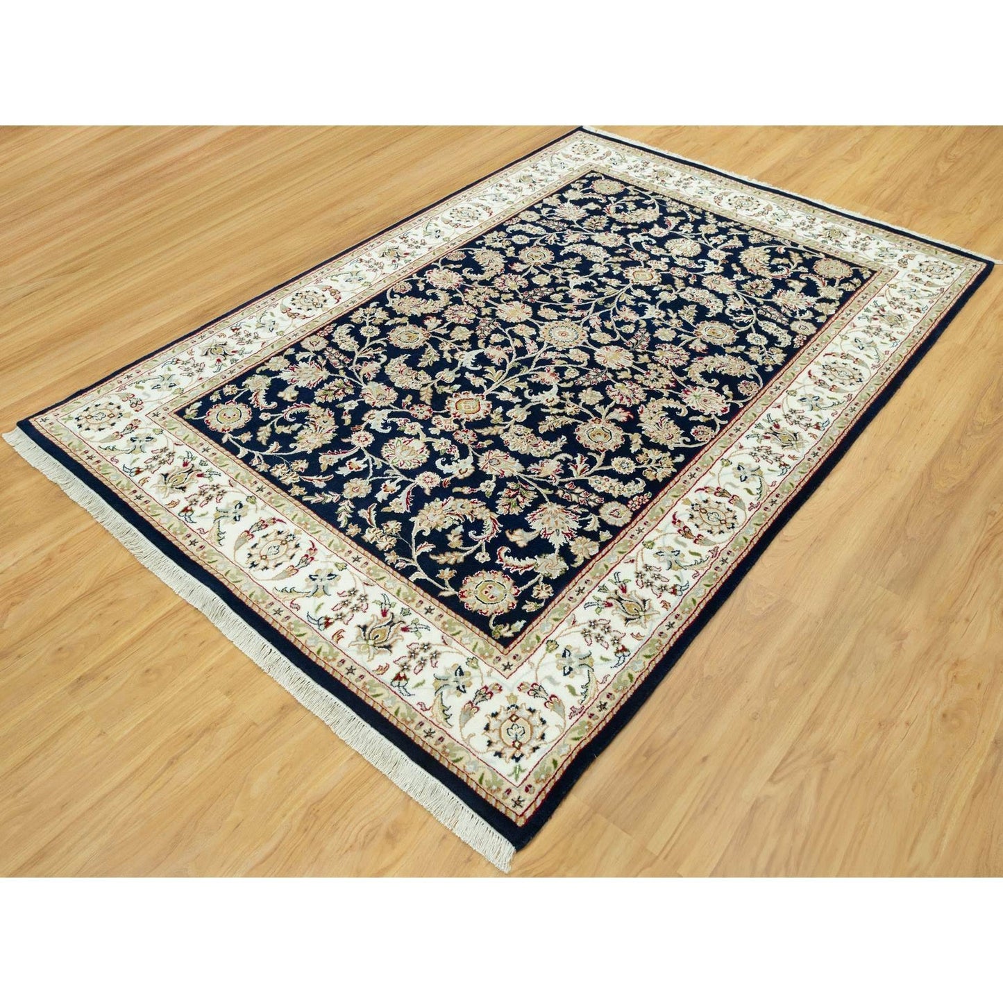 6'1"X9' Big Stone Blue Nain Flower Design Hand Knotted Wool Oriental Rug