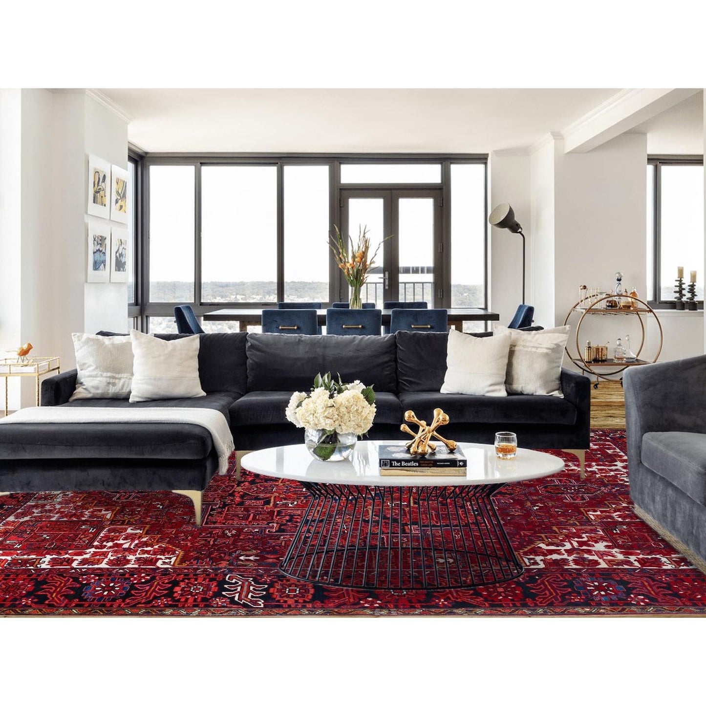 10'X12'8" Red With Asphalt Black Border Vintage Heris Oriental Rug