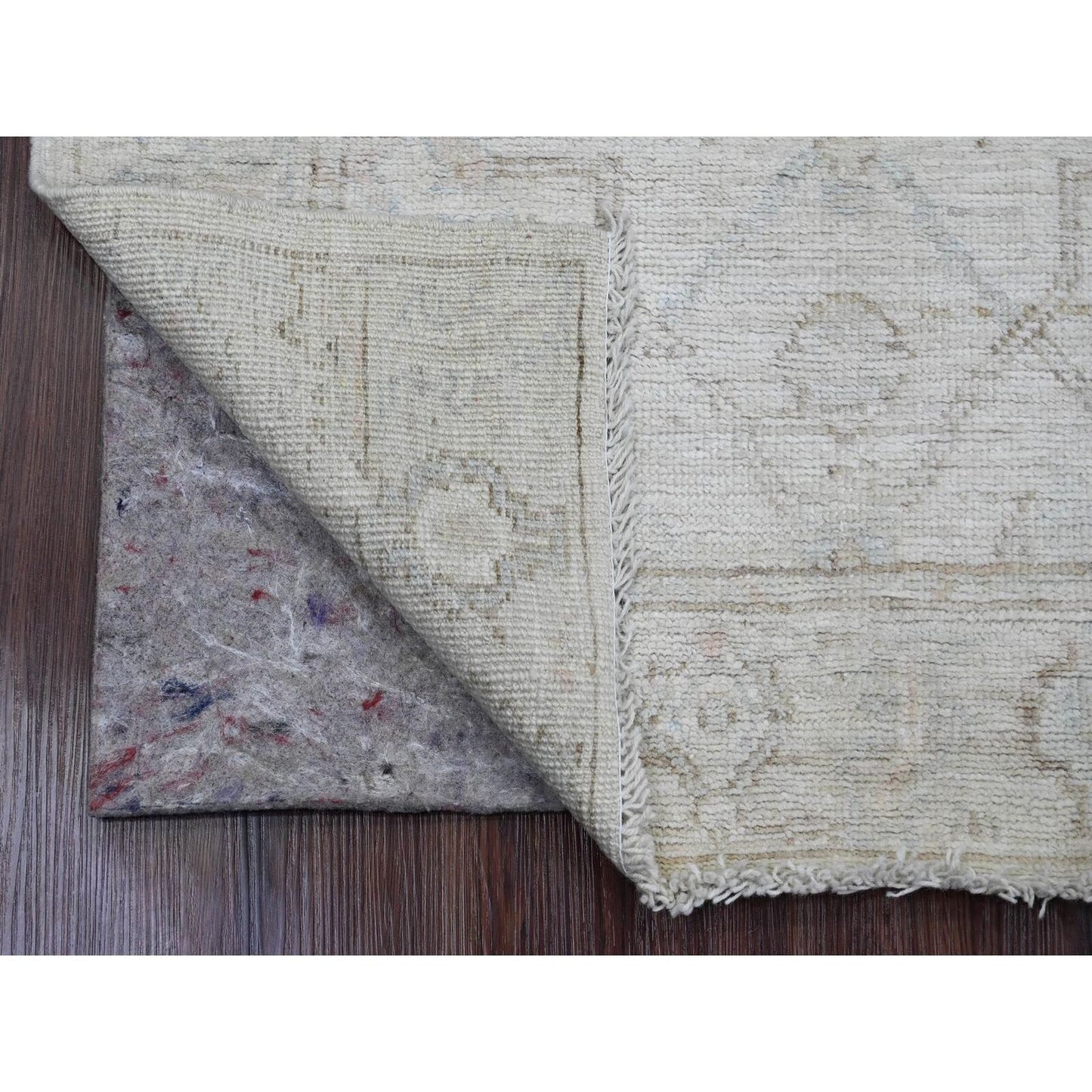 3'X9'5" White Hand Knotted Afghan Angora Oushak Vines Design All Wool Rug