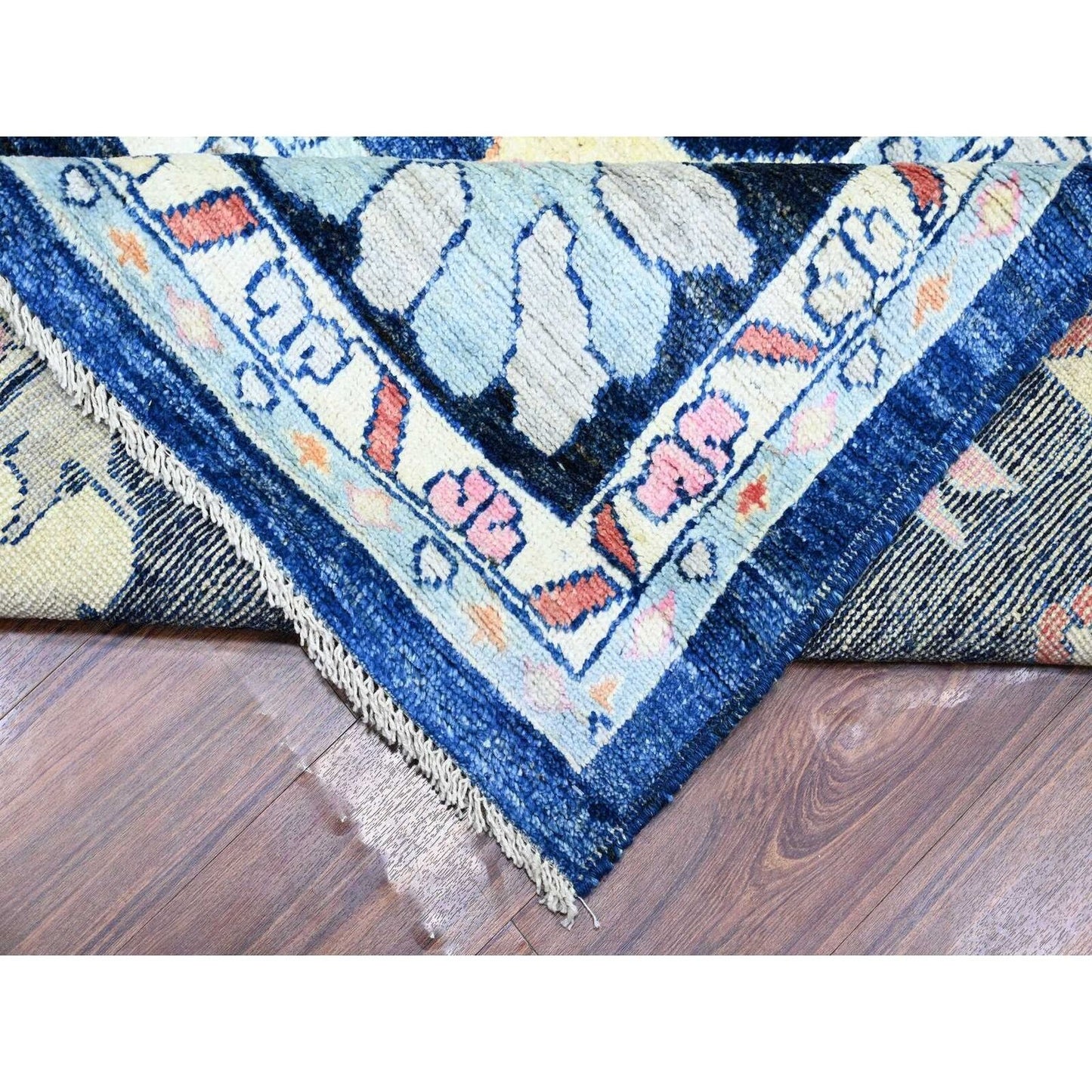 12'X15'2" Blue Pure Wool Hand Knotted Afghan Angora Oushak Oversized Rug
