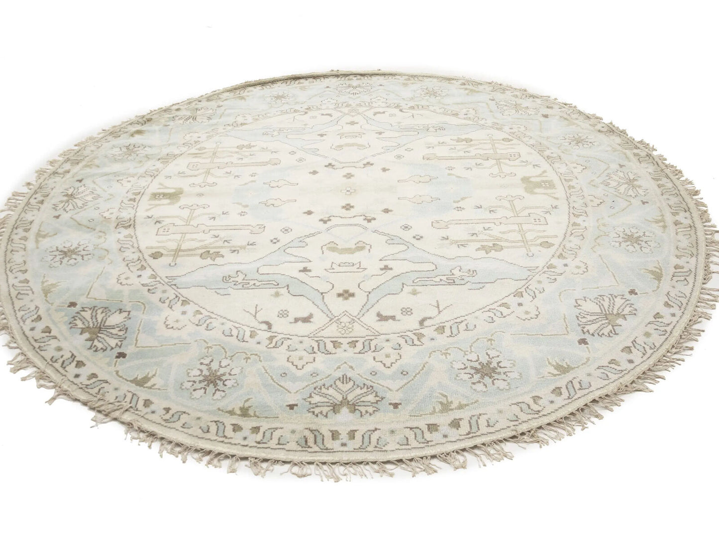 Hand-Knotted Cream Round Oushak Oriental Rug