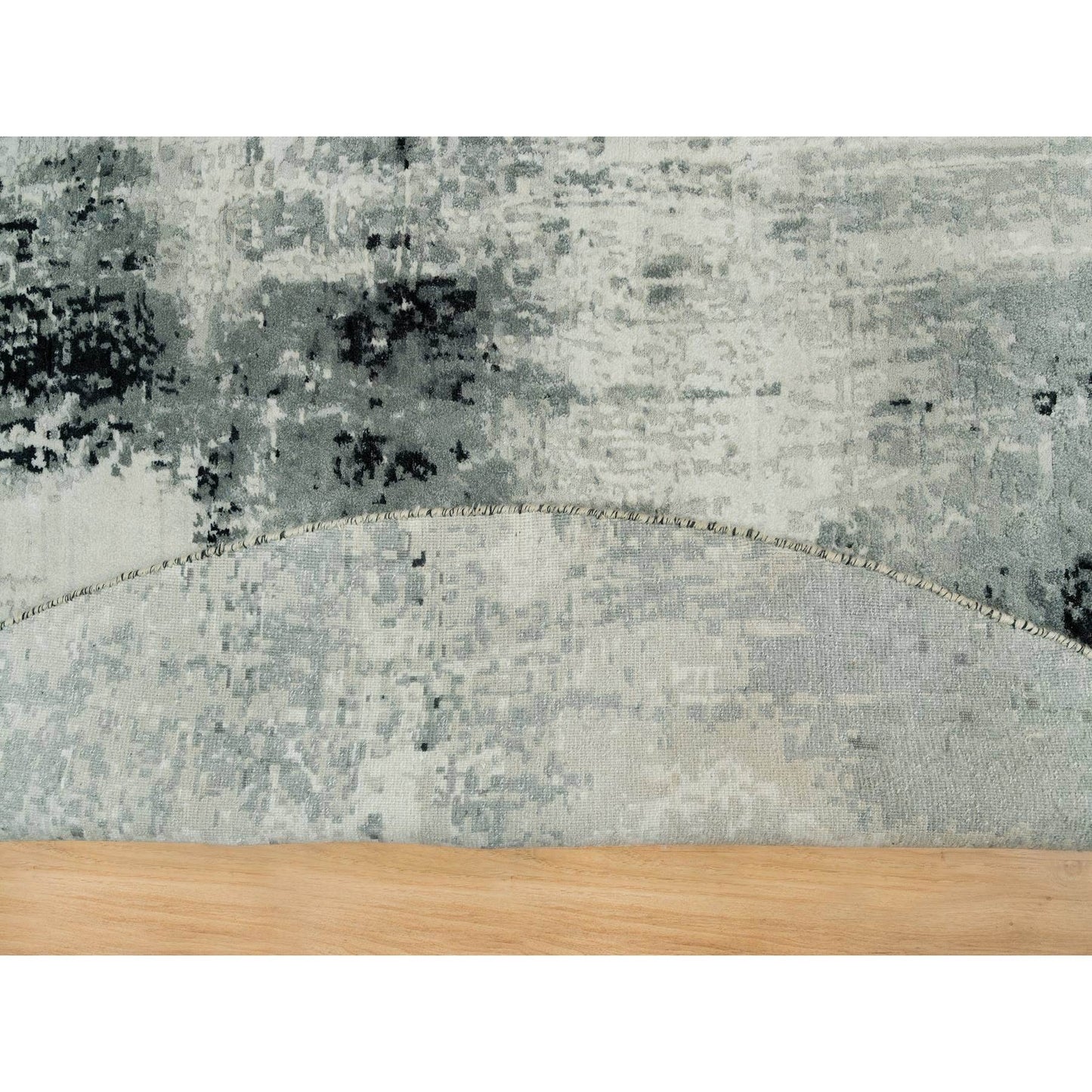 10'X10' Obsidian Black Hand Knotted Abstract Wool And Silk Round Rug