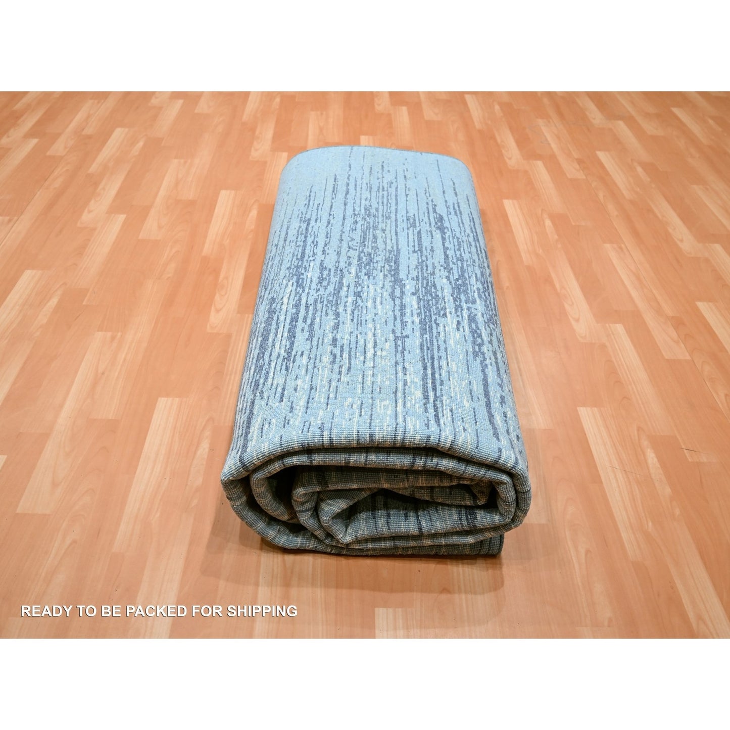 9'X12'3" Cerulean Blue Pure Wool Horizontal Ombre Design Hand Knotted Rug
