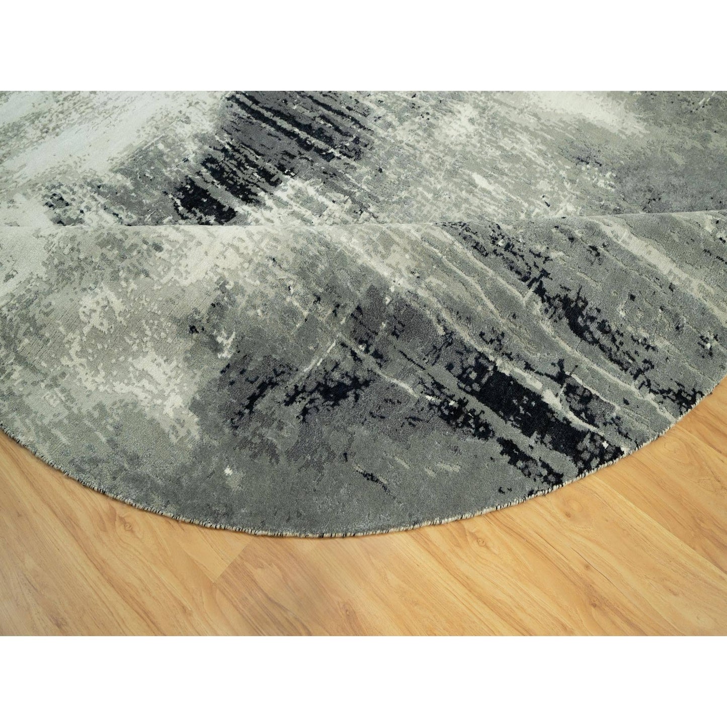 8'X8' Black Hand Knotted Abstract Wool And Silk Round Rug