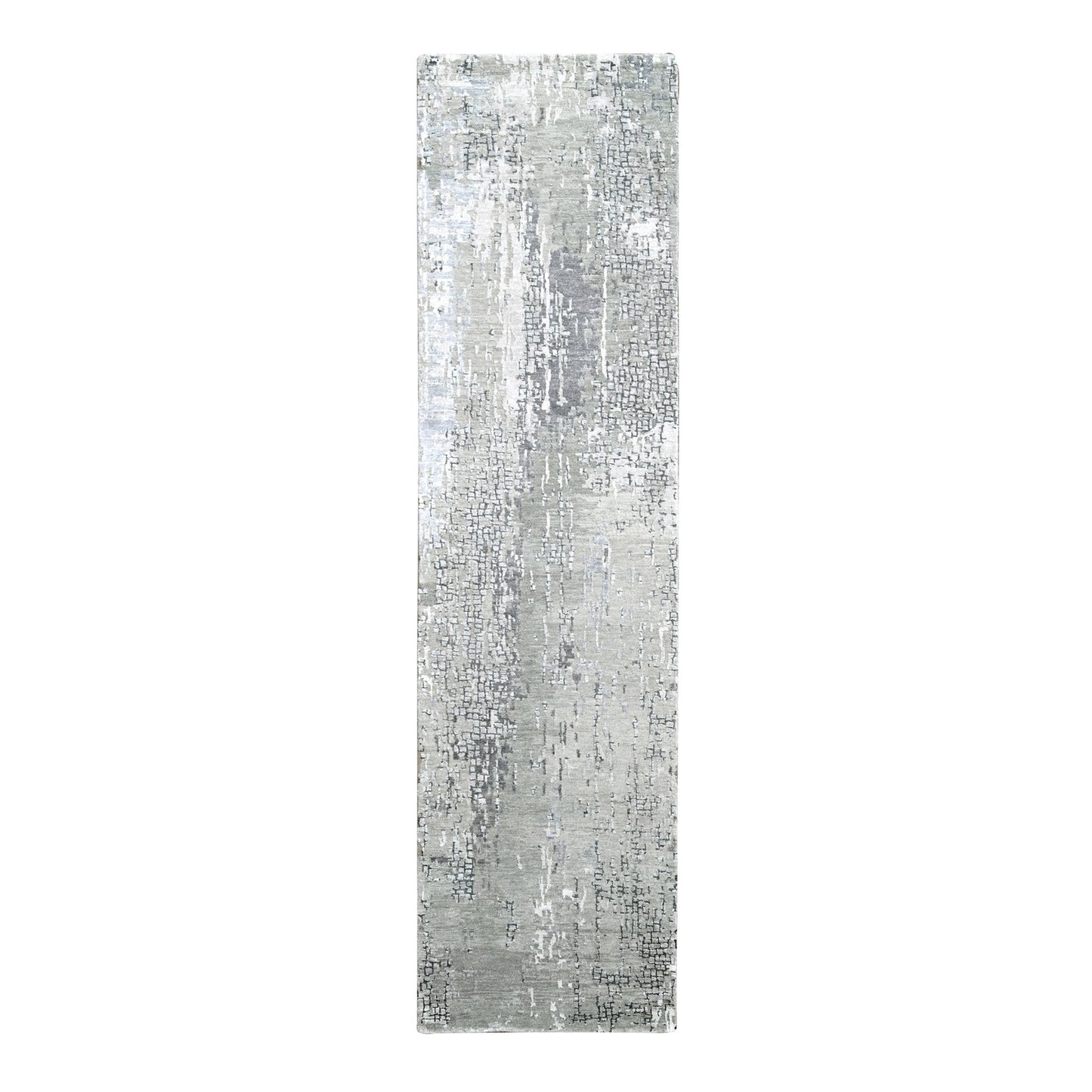 2'7"X9'10" Gray Abstract Design Wool And Silk Hand Knotted Runner Rug