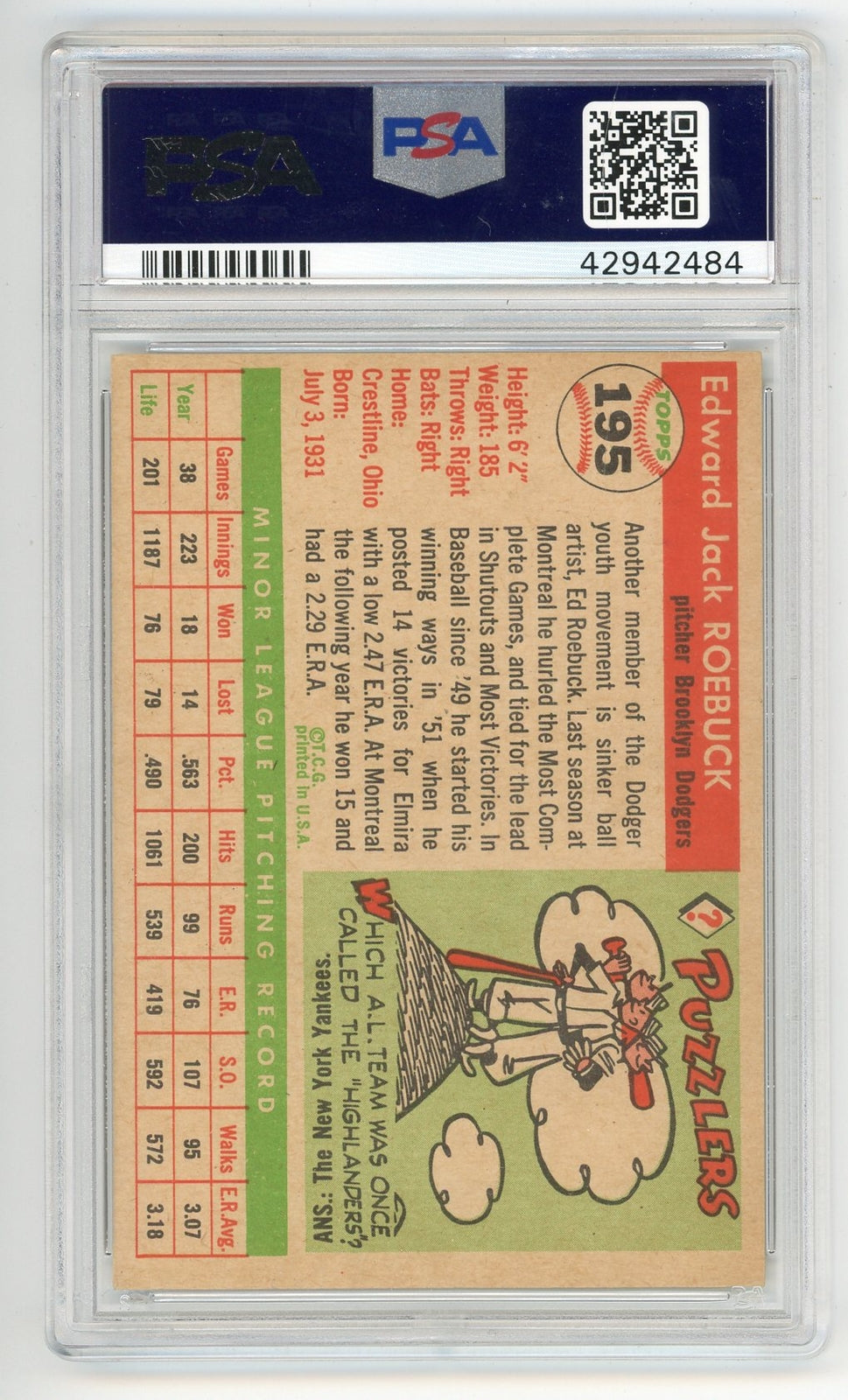 Ed Roebuck 1955 Topps #195 Psa 5