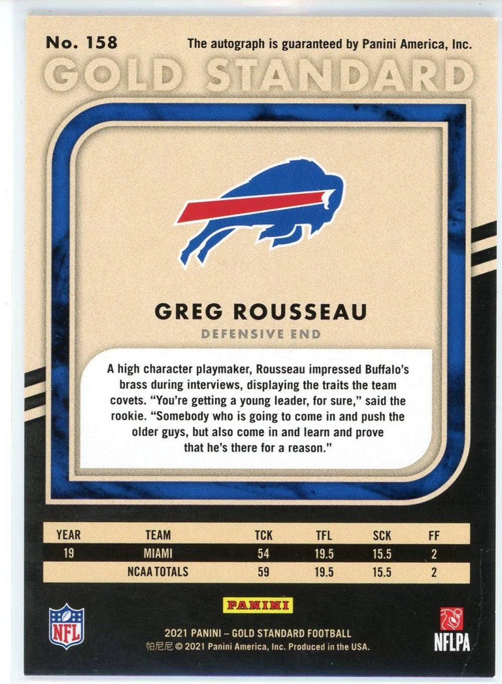 Greg Rousseau Autographed 2019 Panini Gold