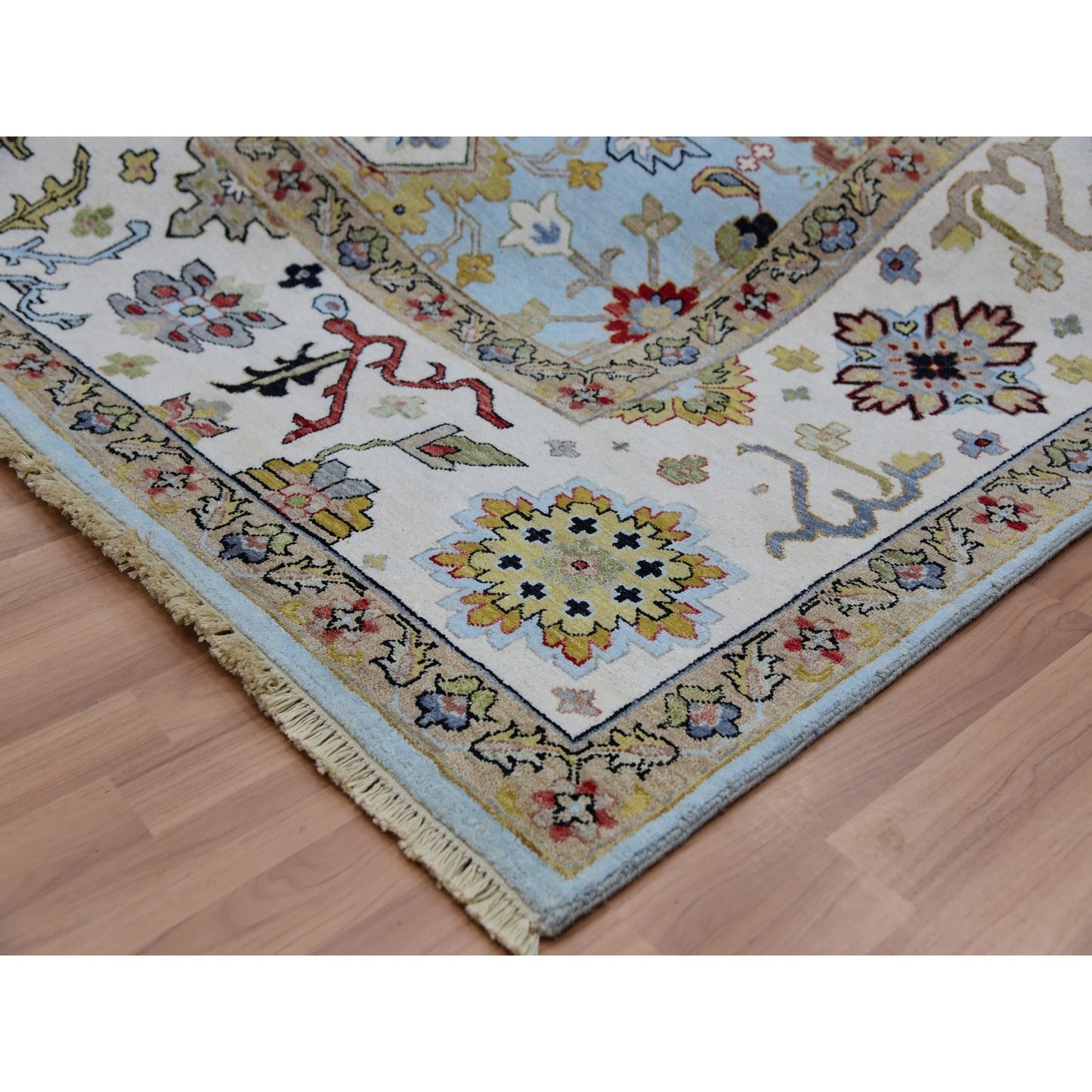 9'X12'5" Azure Sky Blue Hand Knotted Wool Agra Leaf Design Oriental Rug