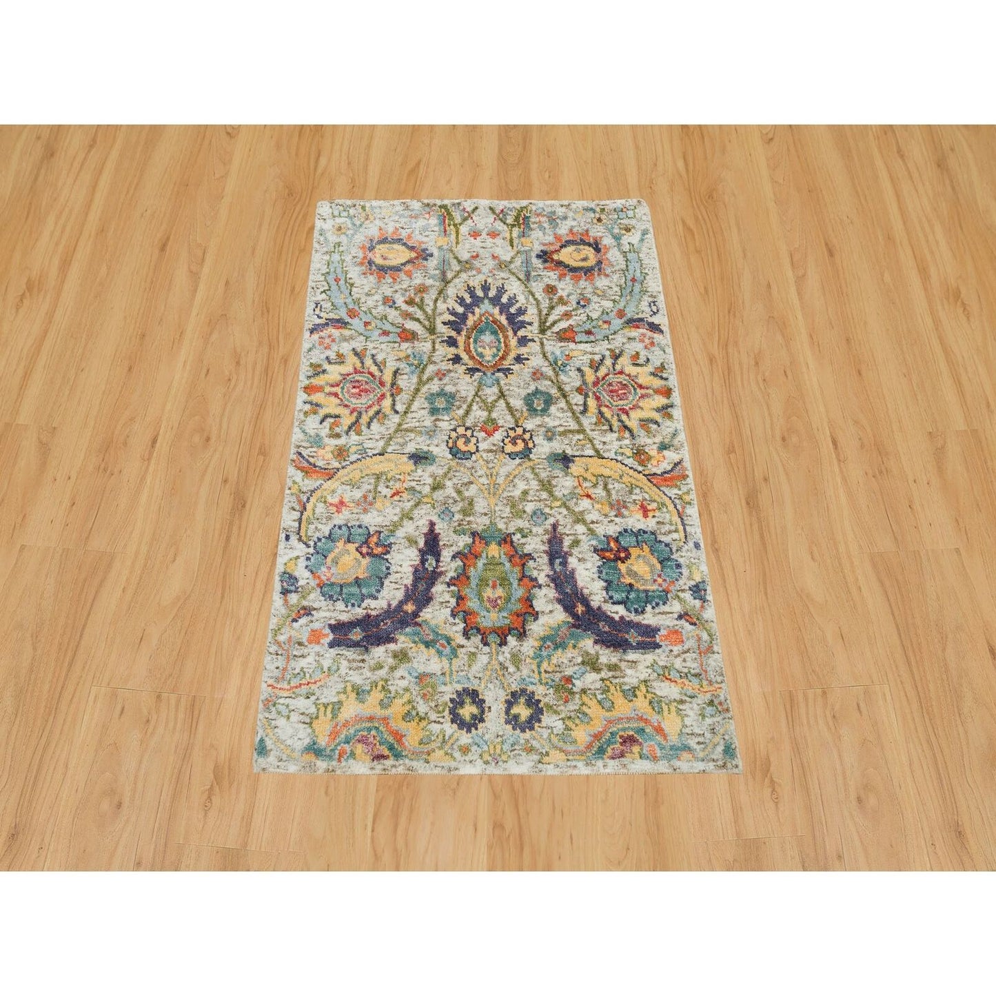 2'X3'1" Tan Sickle Leaf Hand Knotted Wool And Silk Oriental Mat Rug