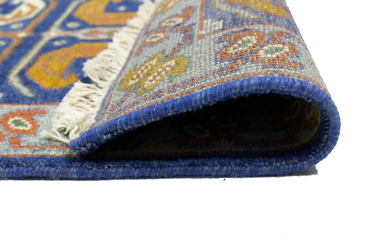 Navy Blue Geometric Tribal Kazak Rug Wool