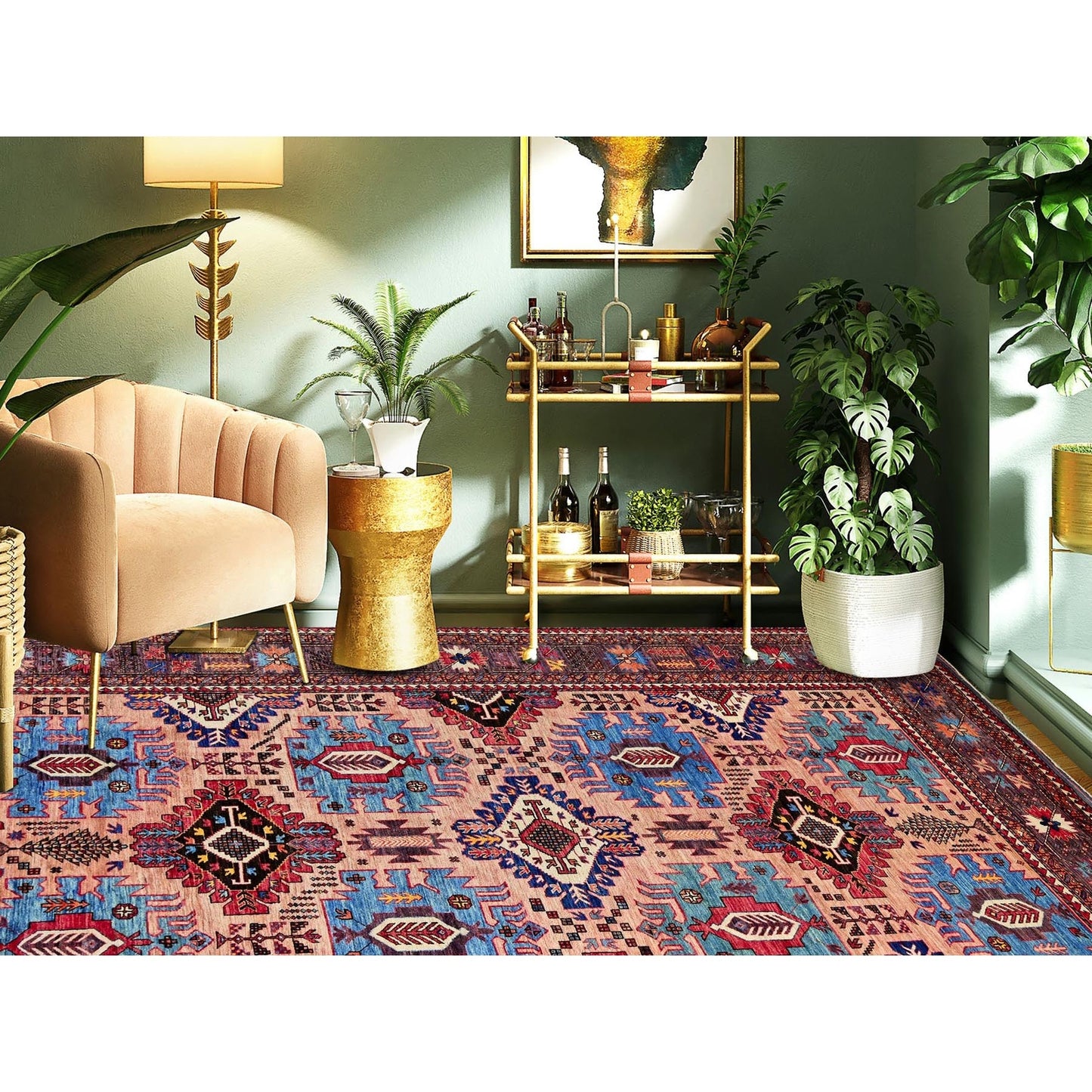 8'3"X10'6" Peach Afghan Caucasian Design Revival Hand Knotted Soft Wool Rug