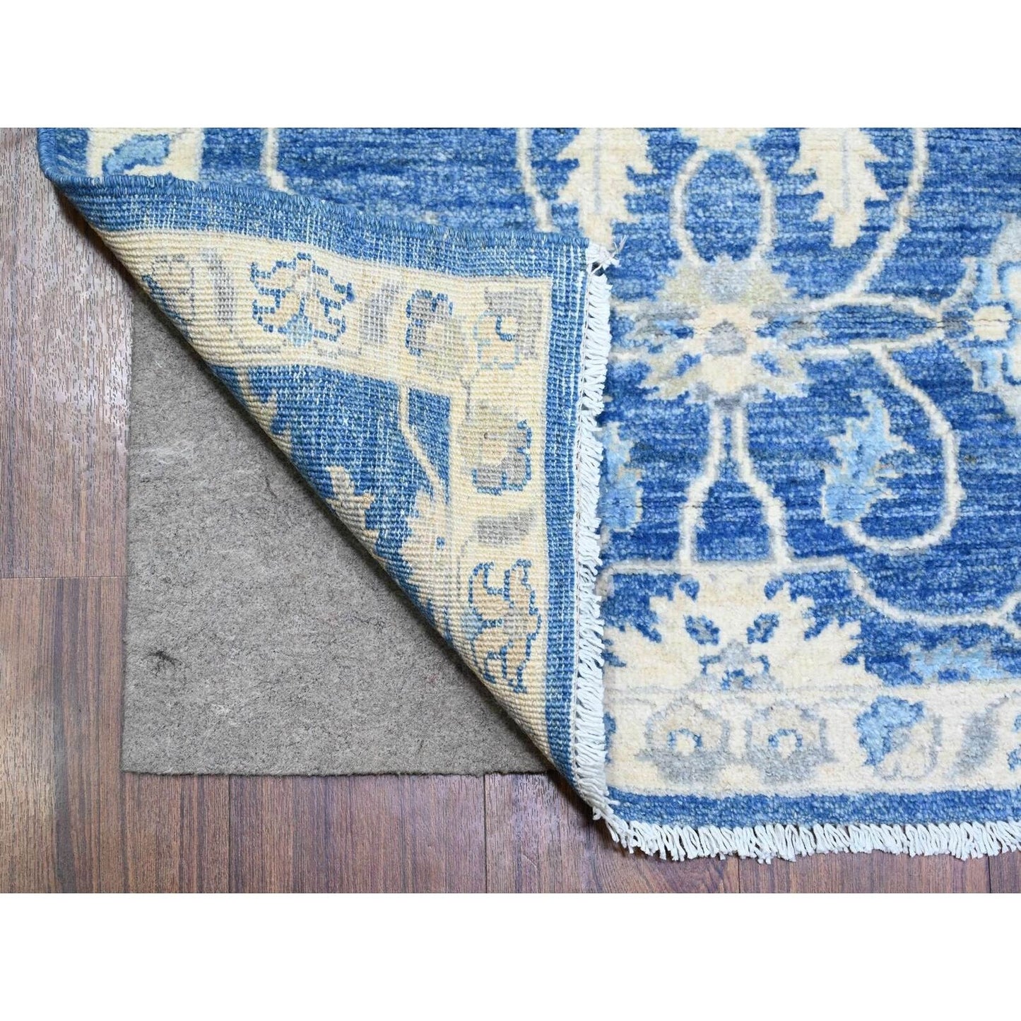 2'8"X11'8" Blue Soft Wool Hand Knotted Finer Peshawar Runner Rug