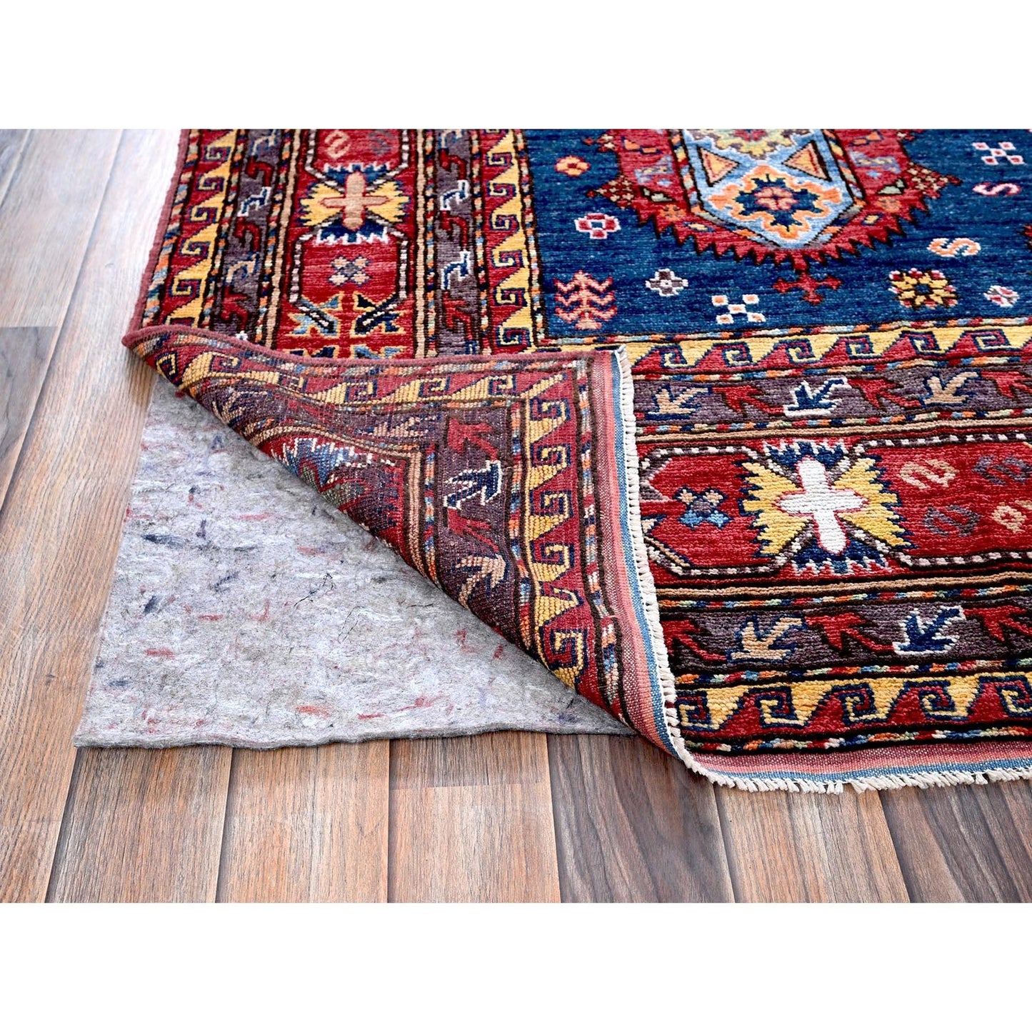 8'5"X9'8" Yale Blue Afghan Caucasian Design Revival Hand Knotted Wool Rug