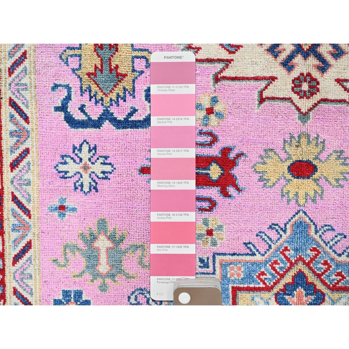 5'X6'7" Aurora Pink Kazak With Geometric Design Hand Knotted Pure Wool Rug