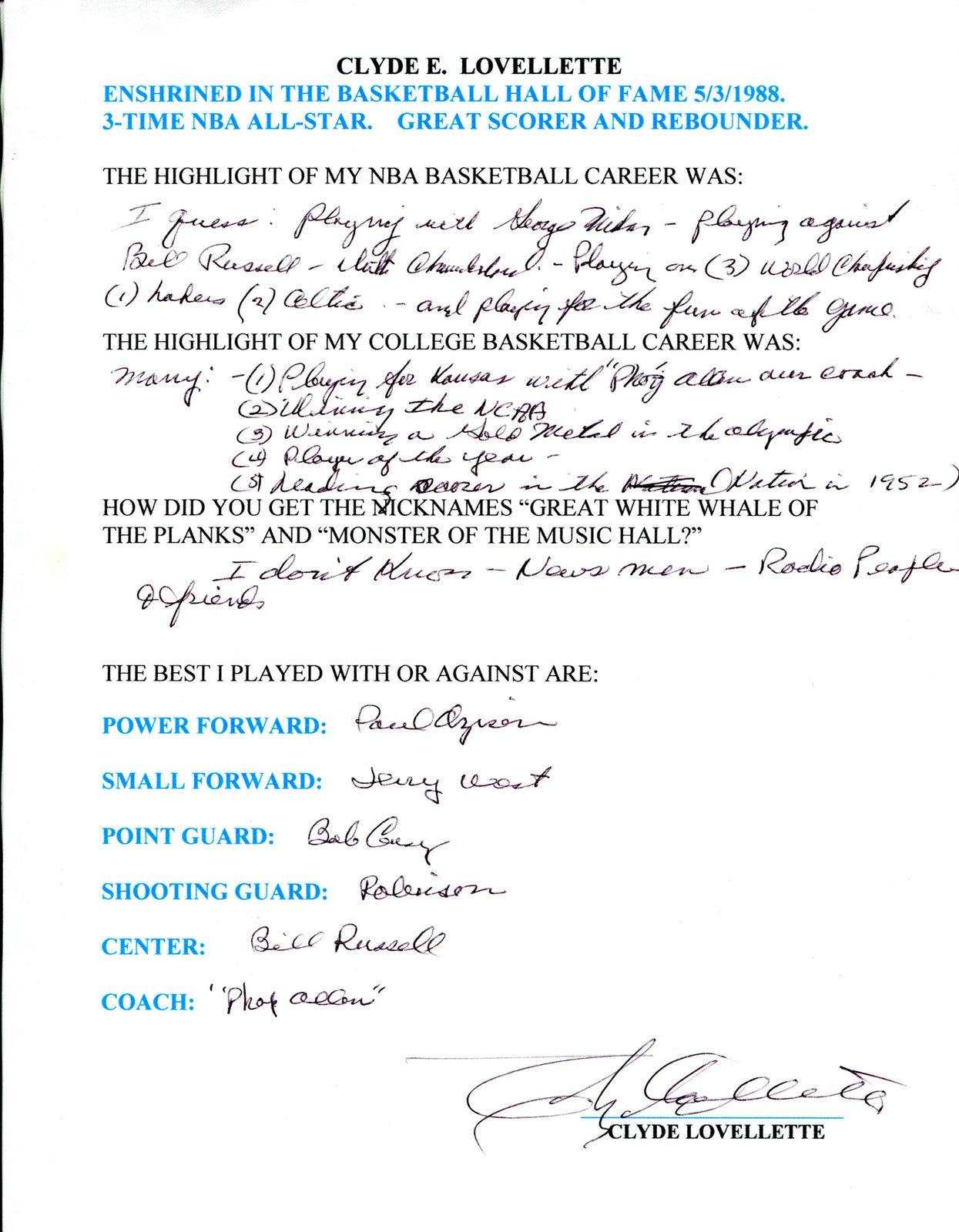 Clyde Lovellette Autographed Hand Filled Out