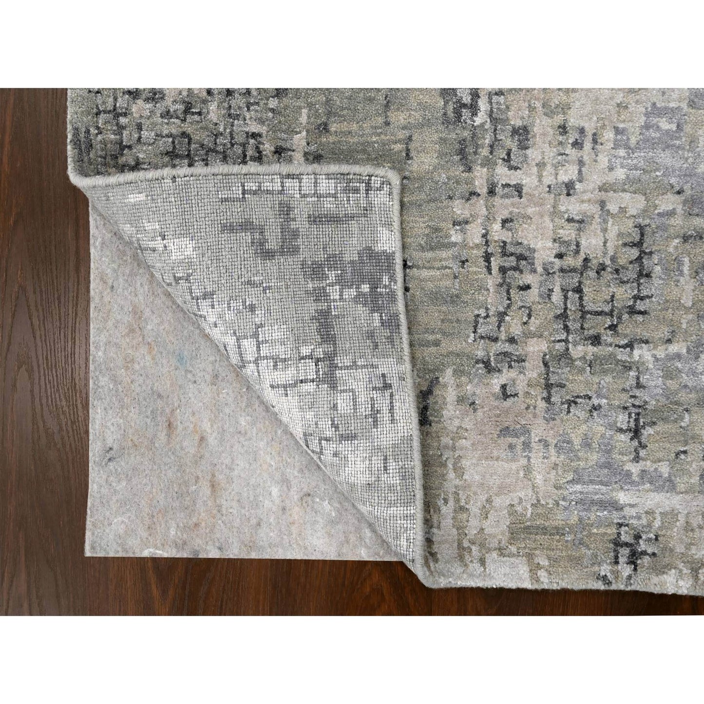 2'7"X9'10" Gray Abstract Design Wool And Silk Hand Knotted Runner Rug