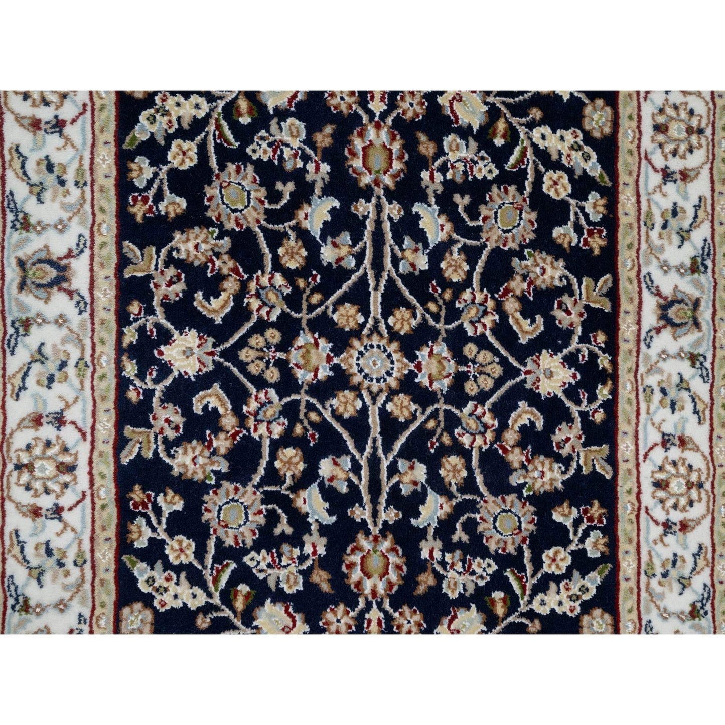 2'8"X18'1" Blue Nain Flower Design Wool And Silk Hand Knotted Runner Rug