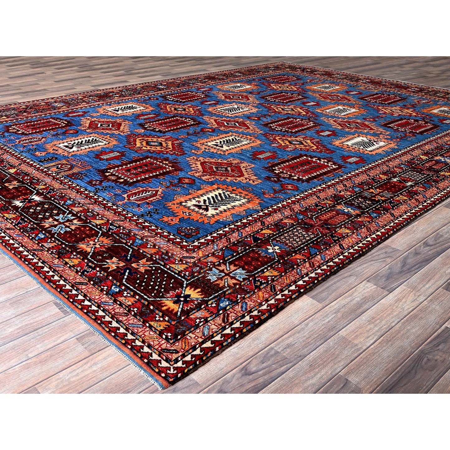 10'1"X13'4" Blue Afghan Caucasian Design Revival Hand Knotted Soft Wool Rug