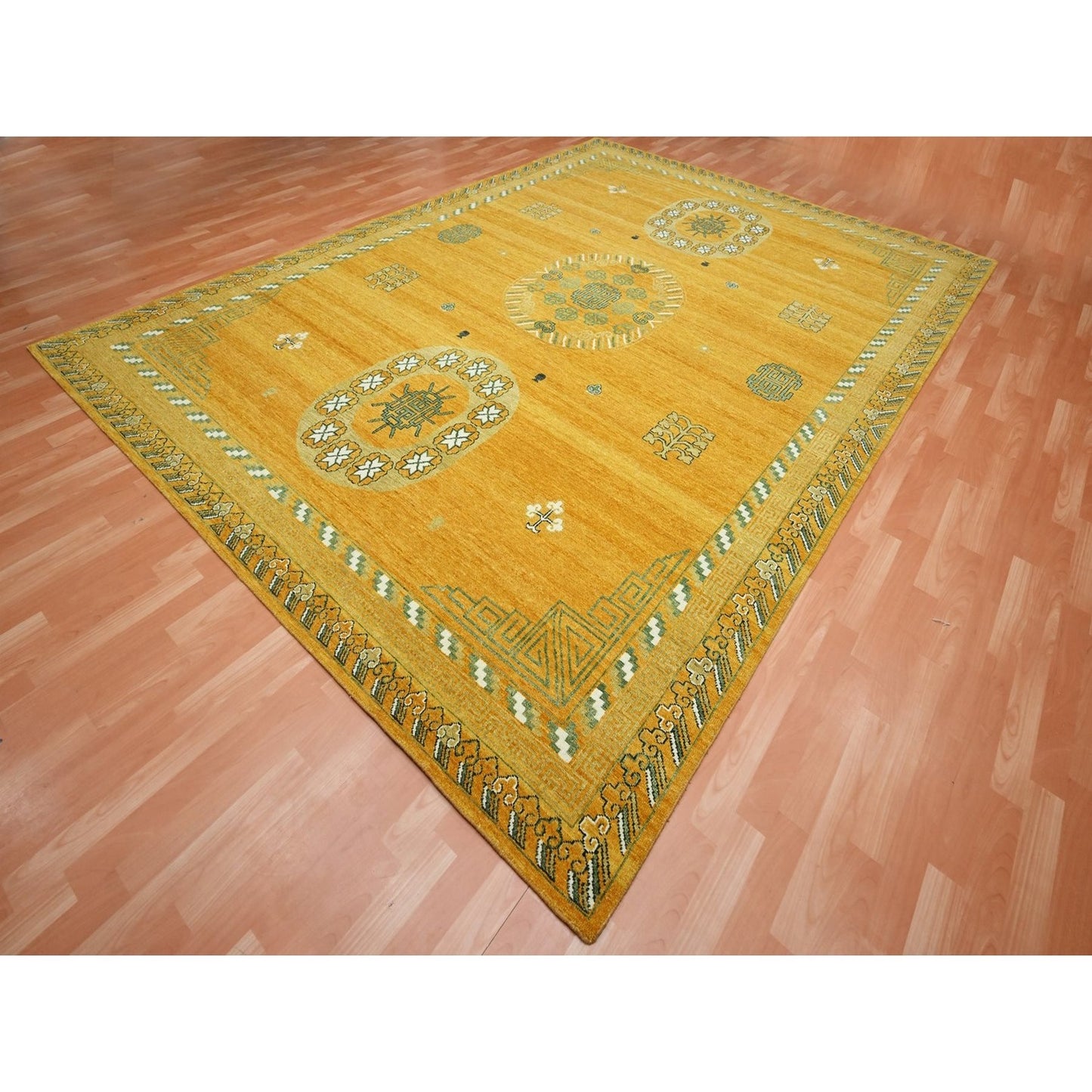 9'X12'4" Golden Yellow Khotan Design Hand Knotted 100% Wool Oriental Rug