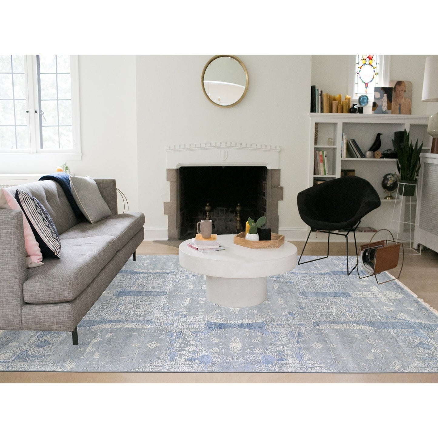 9'X12'2" Wool And Pure Silk Hand Knotted Blue Jewellery Design Rug