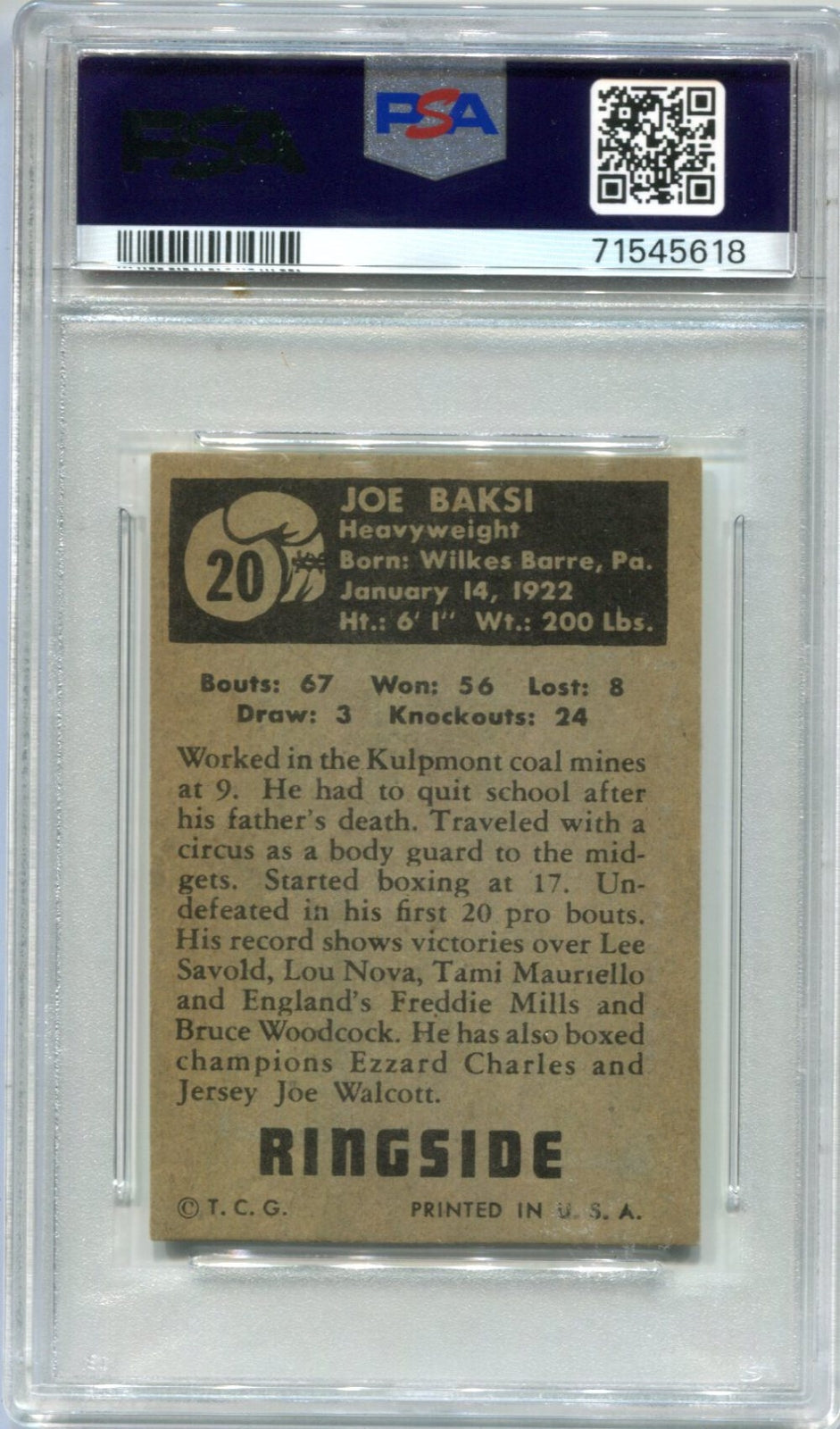 1951 Joe Baksi Topps Ringside #20 Psa 5 Card