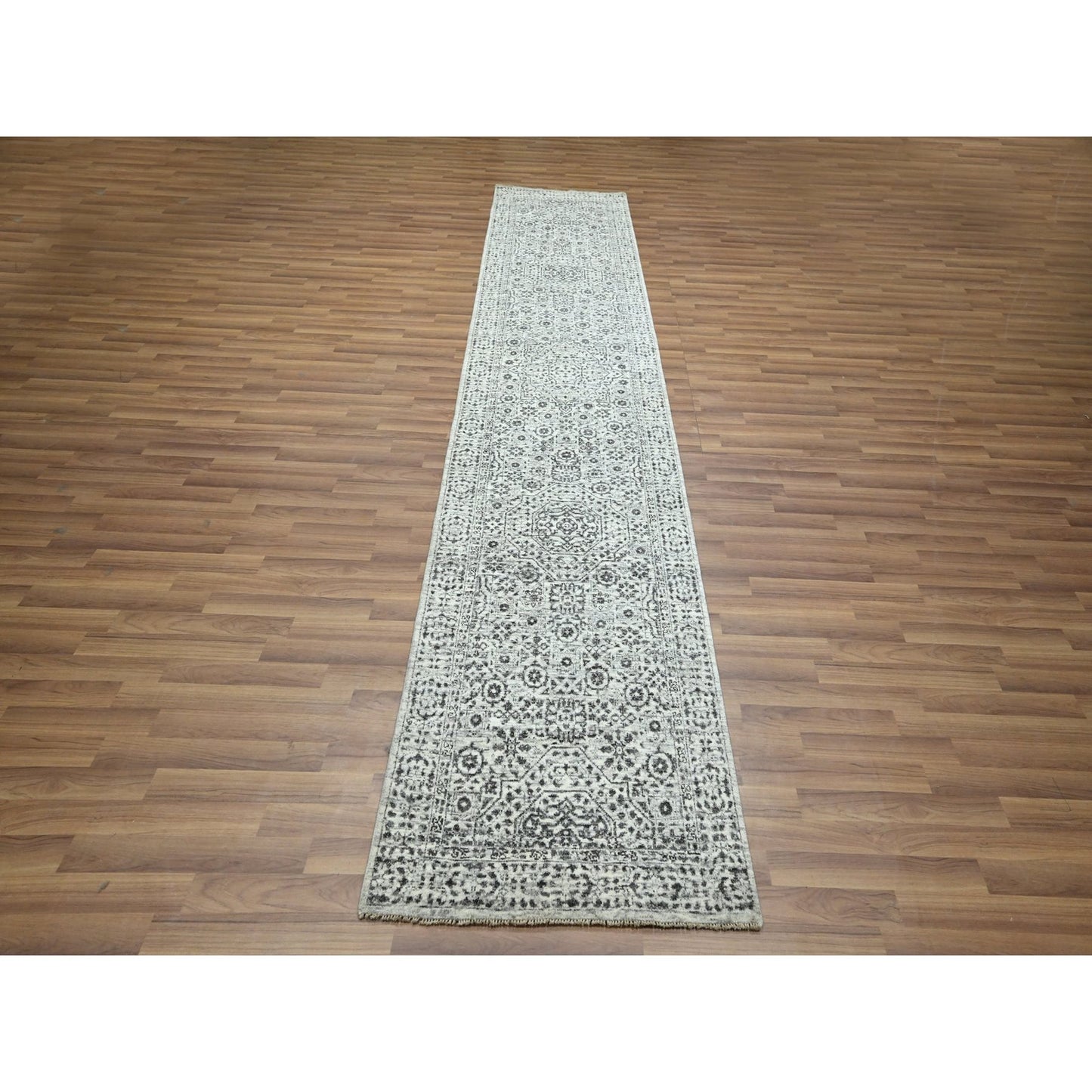 2'7"X12' Ivory Pre Historic Mamluk Design Hand Knotted Wool Runner Rug