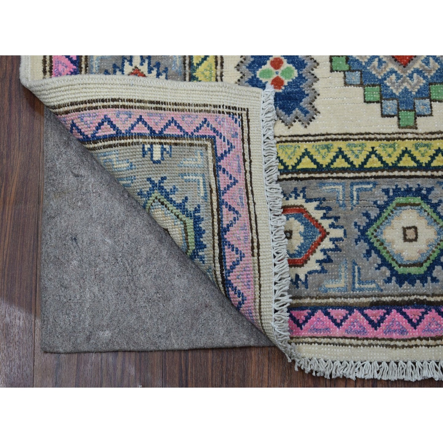 3'2"X4'10" Colorful Ivory Fusion Kazak Organic Wool Hand Knotted Rug