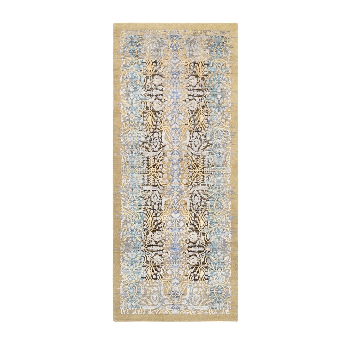 4'2"X10' Gold Brown Hand Knotted Silk With Wool Wide Runner Rug