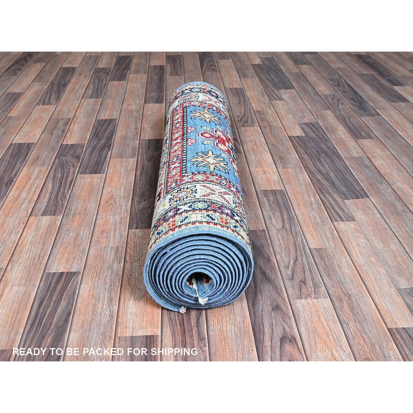 3'2"X16'1" Blue Kazak With Medallions Design Hand Knotted Wool Runner Rug