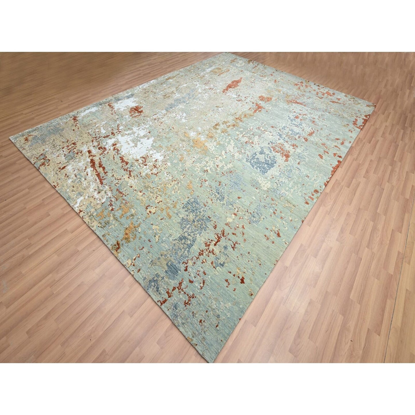 9'X12'3" Green With Beige Abstract Design Pure Wool Hand Knotted Rug