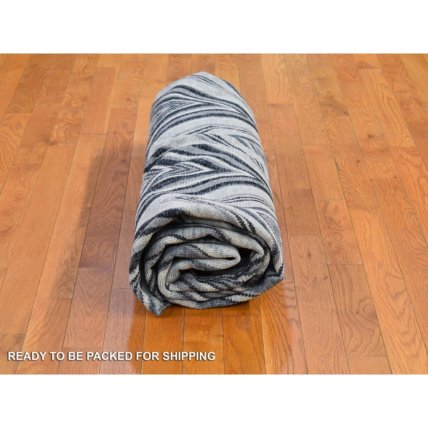 9'X9' Gray Chevron Design Textured Wool And Silk Hand Knotted Round Rug