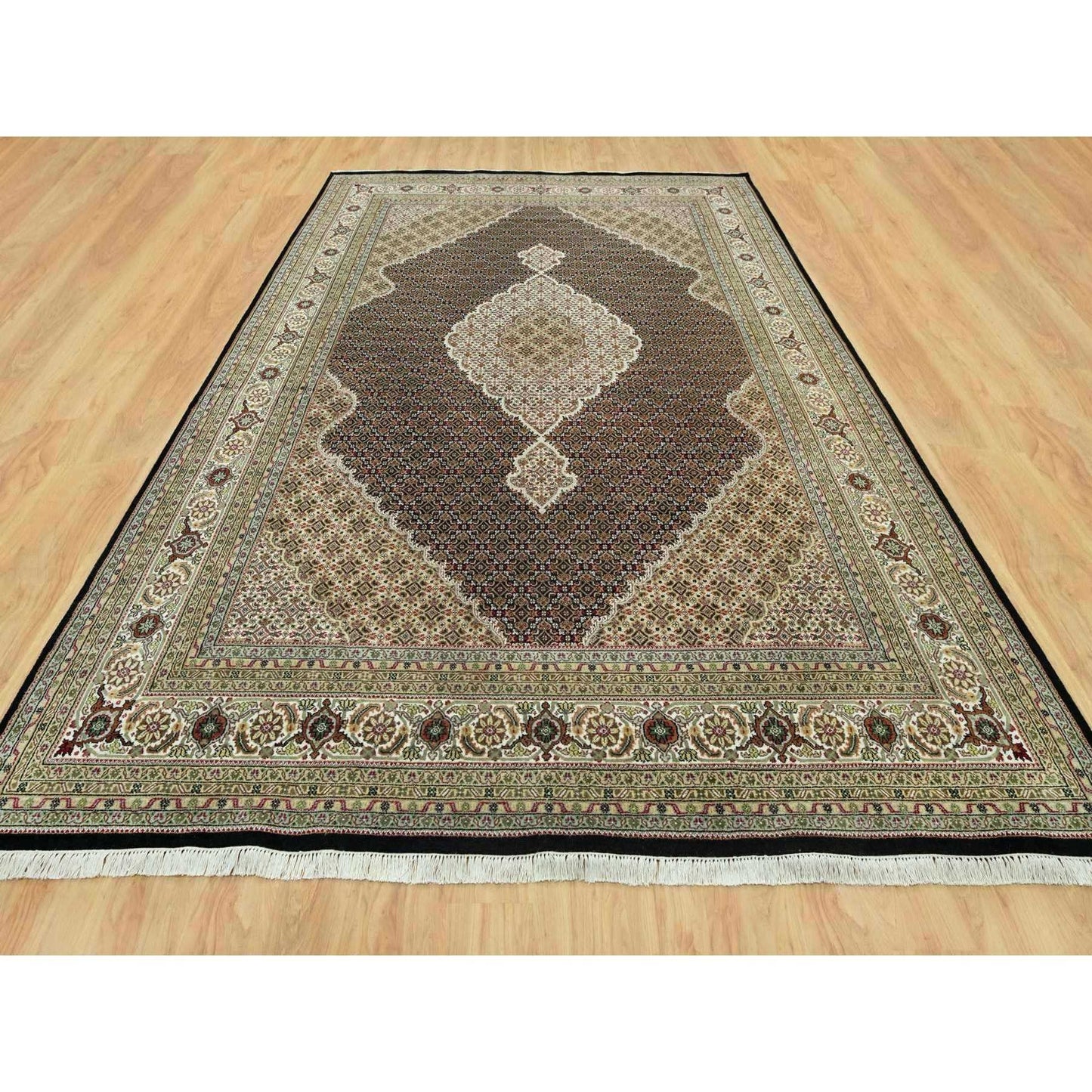 9'8"X14'2" Smoky Black Hand Knotted Wool Tebraz Mahi Fish Medallion Rug