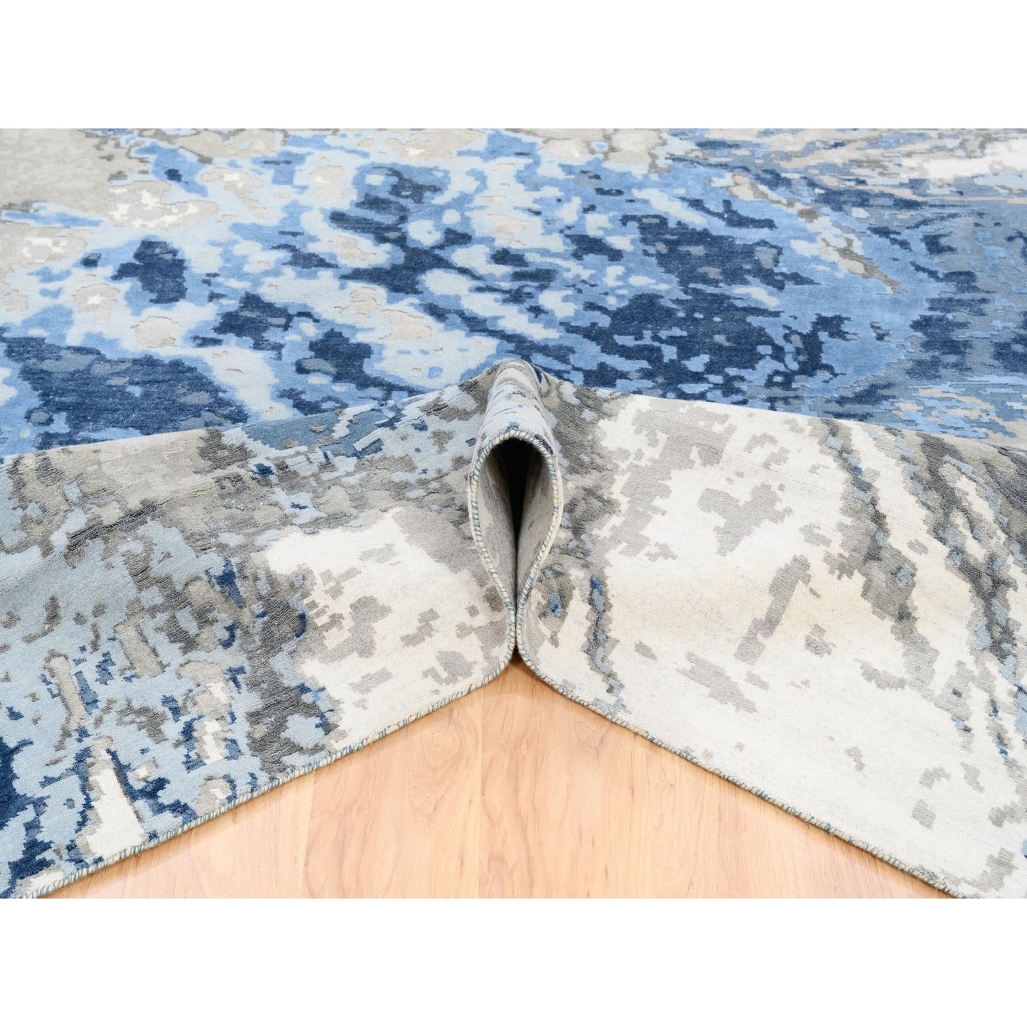 10'1"X10'1" Blue Abstract Design Wool And Silk Hand Knotted Square Rug