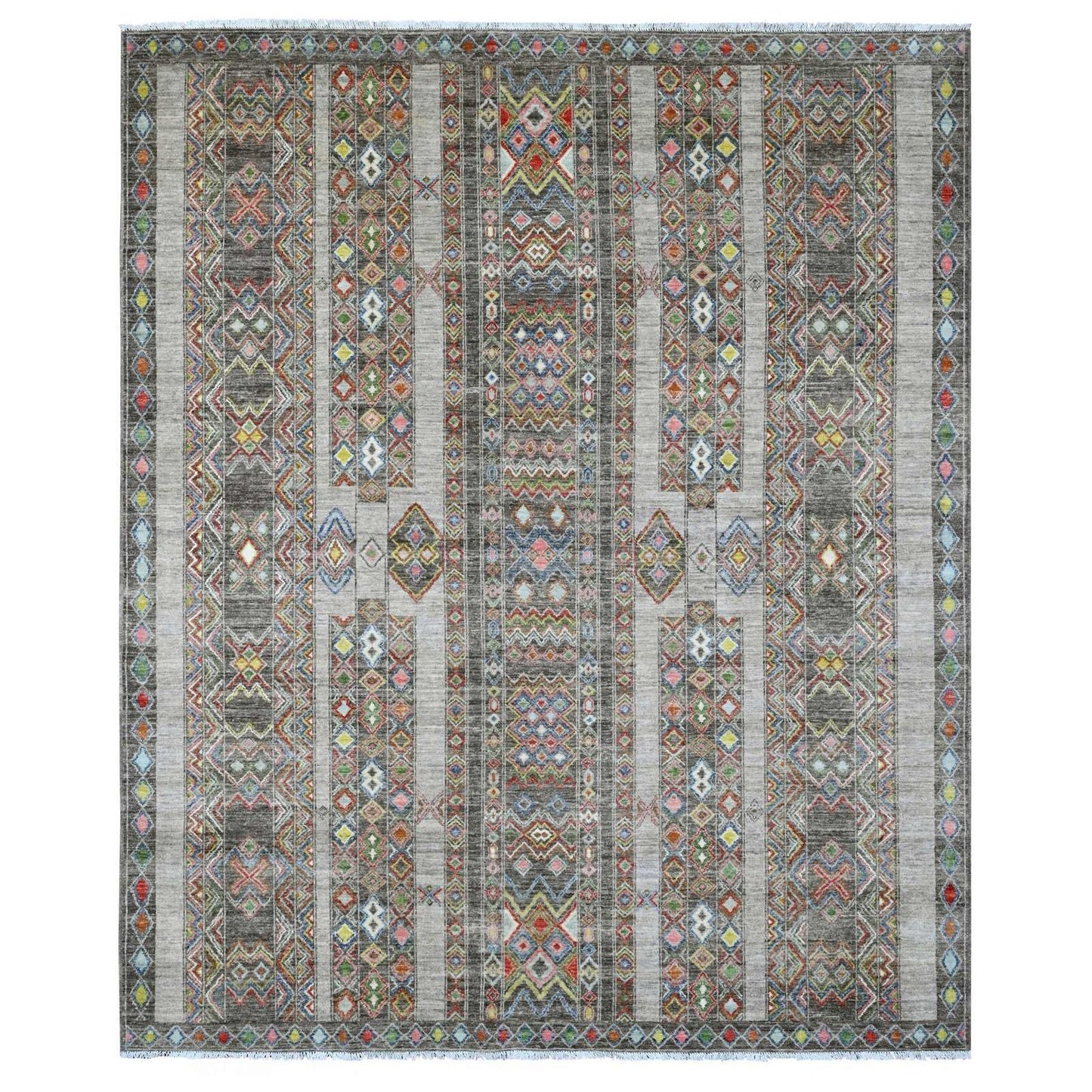 8'1"X9'6" Gray Geometric Design,Berber Influence Wool Hand Knotted Rug