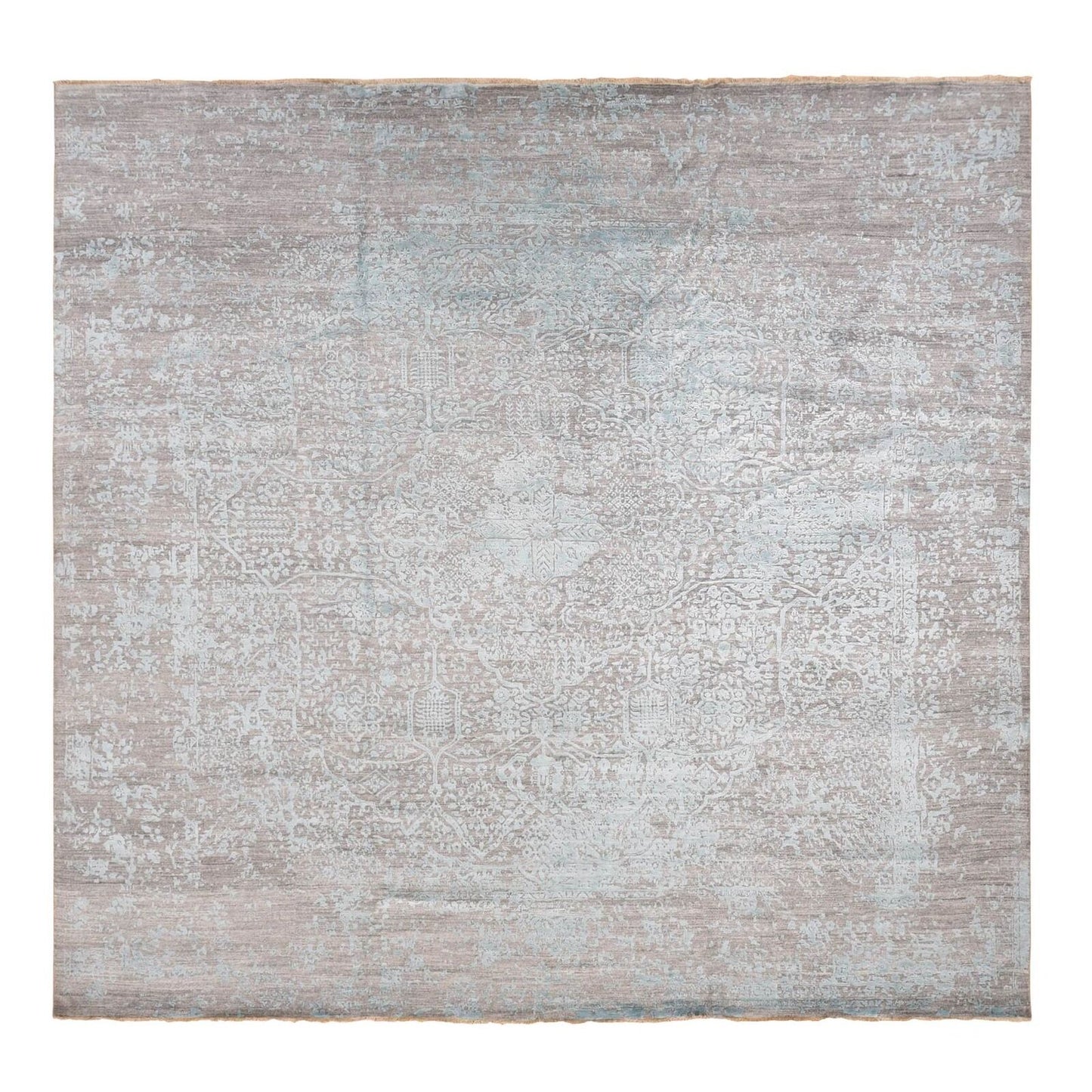11'8"X11'8" Green Hand Knotted Zoroastrian Design Square Wool, Silk Rug
