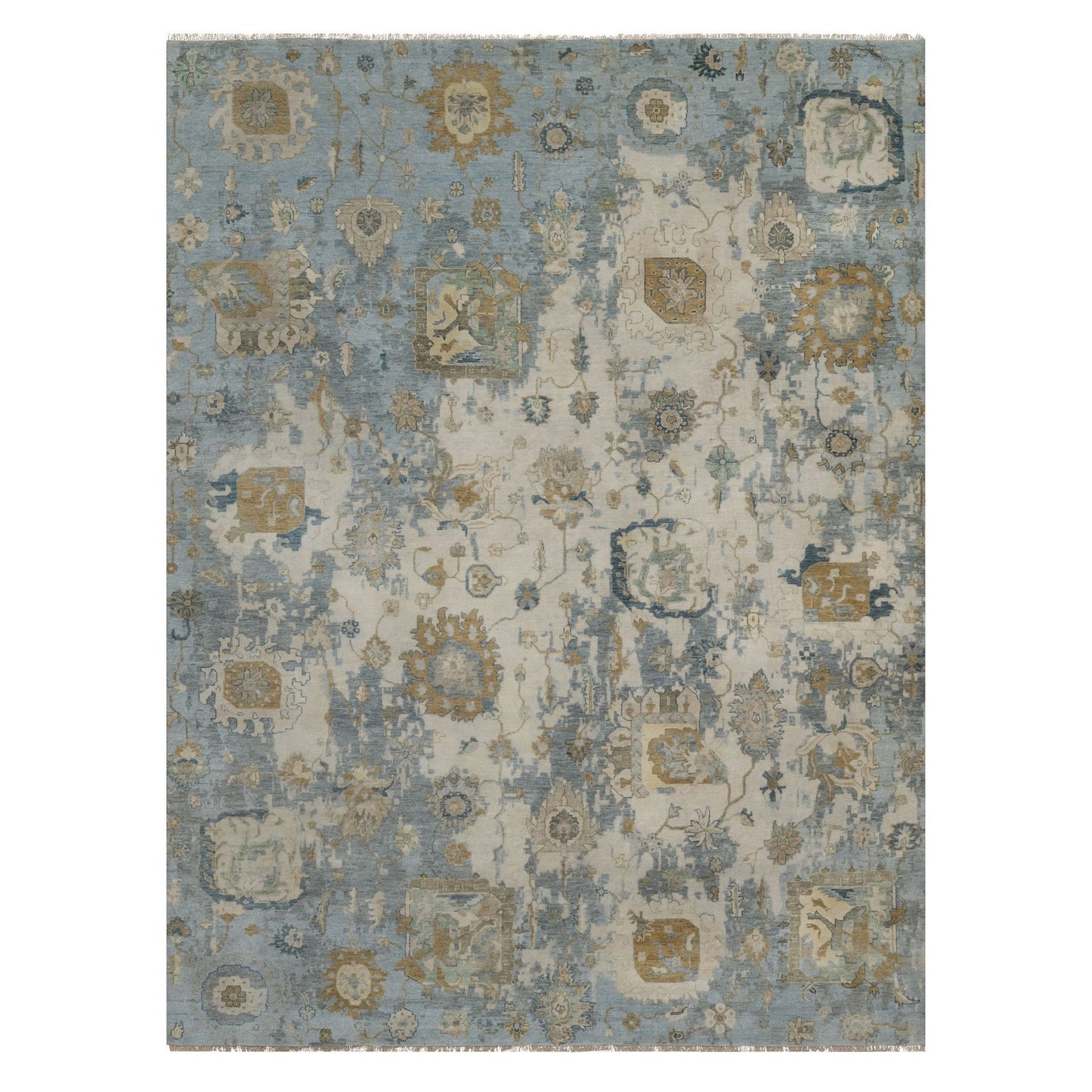 9'2"X12' Ivory Broken Pattern With Oushak Design Hand Knotted Wool Rug